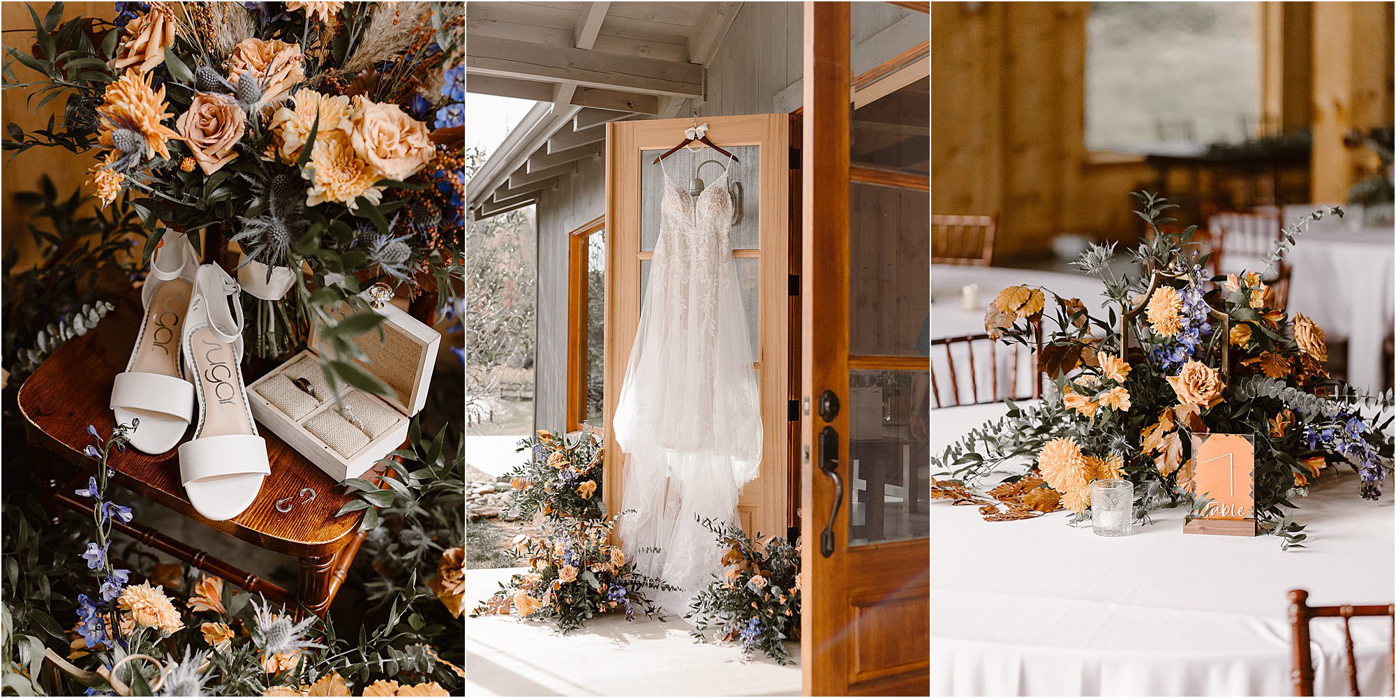A collage of three wedding details at 4 Points Farm: white bridal shoes and jewelry with floral arrangements, a lace wedding dress hanging outside the rustic venue, and a reception table with elegant yellow and purple flowers.