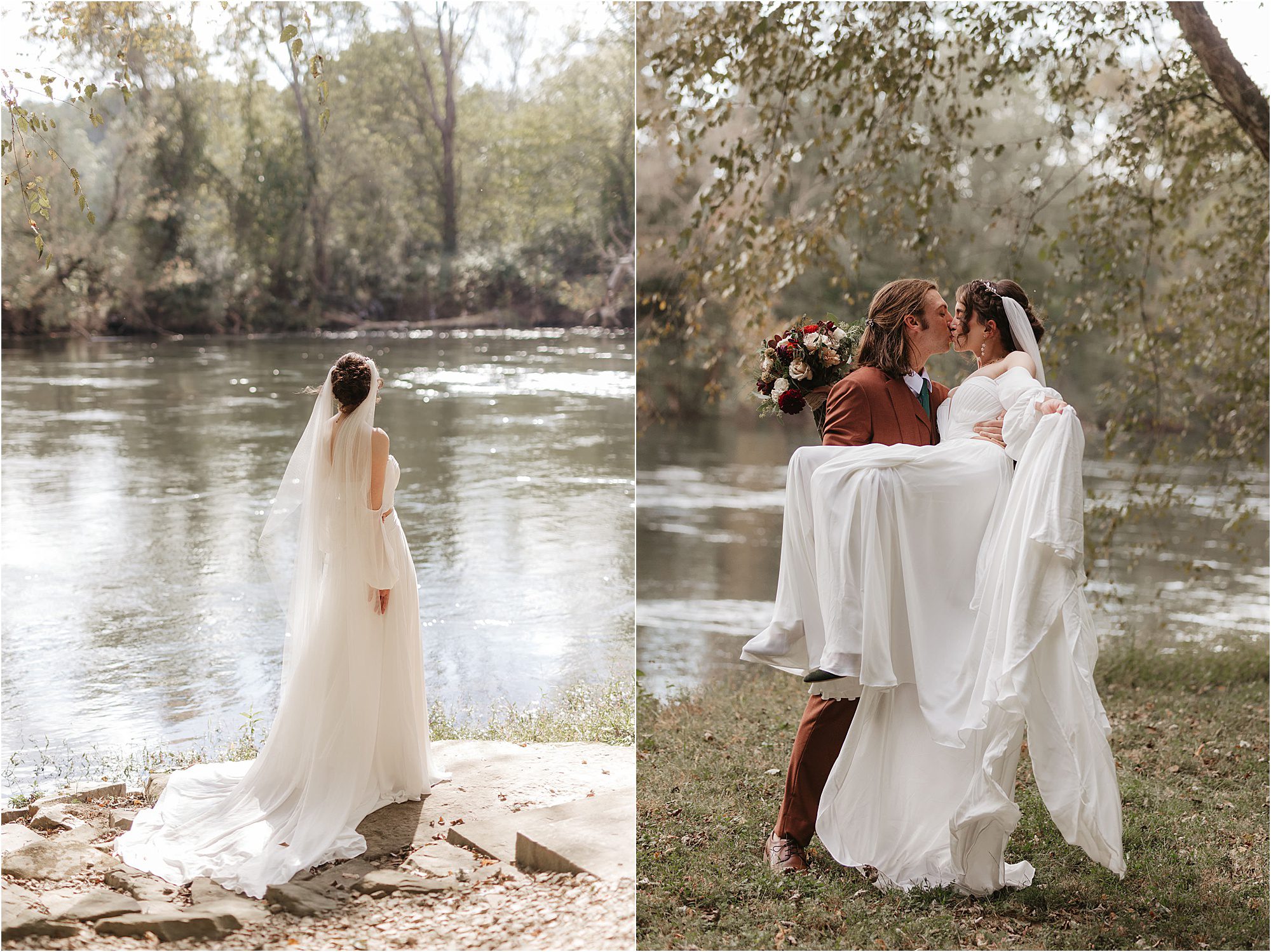 A bride in a white gown and veil stands by the riverside at Hiwassee River Weddings. In a second photo, a groom in a brown suit holds his smiling bride in his arms amid the wooded outdoor setting.