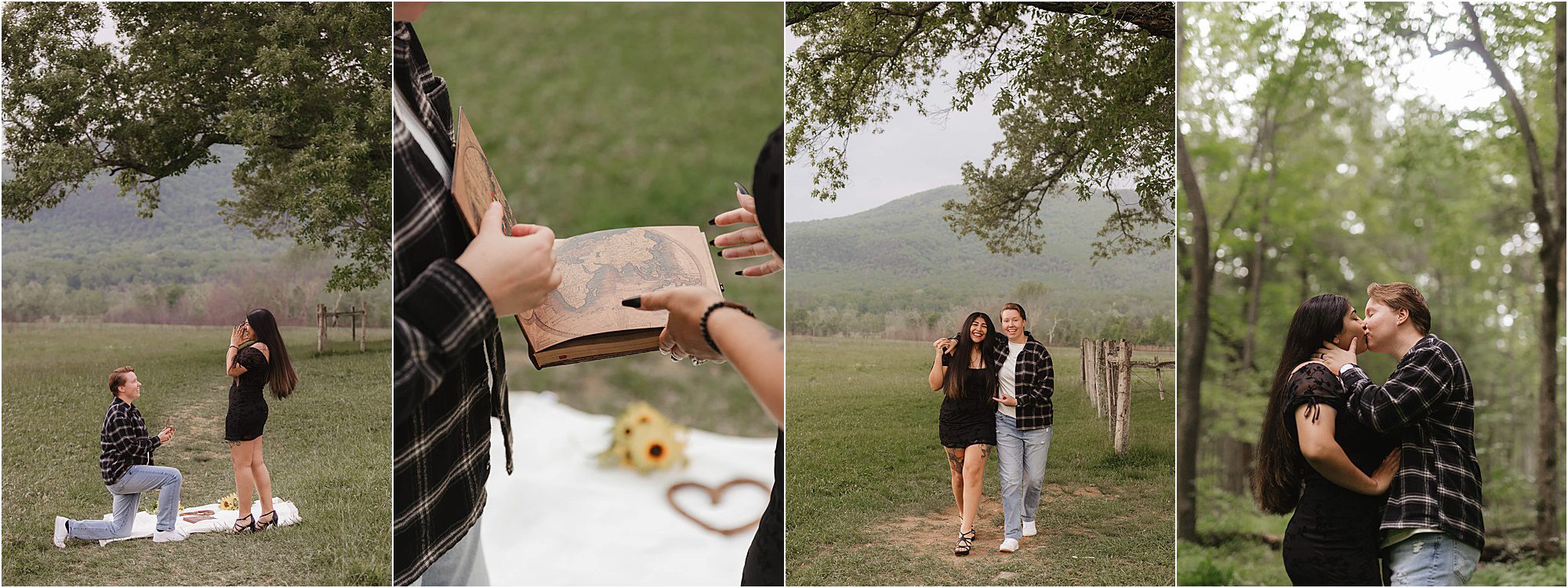 A man proposes to a woman in a scenic Cades Cove Proposal; he kneels with a ring, presents an engraved book, the couple walks together smiling, and they share a joyful kiss among trees and mountains.