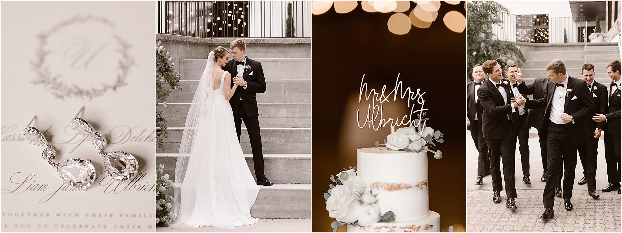 A collage of four wedding photos at The Press Room Knoxville: wedding rings on an invitation, a bride and groom on stone steps, a white cake with “Mrs & Mrs” topper, and groomsmen in tuxedos walking outside.