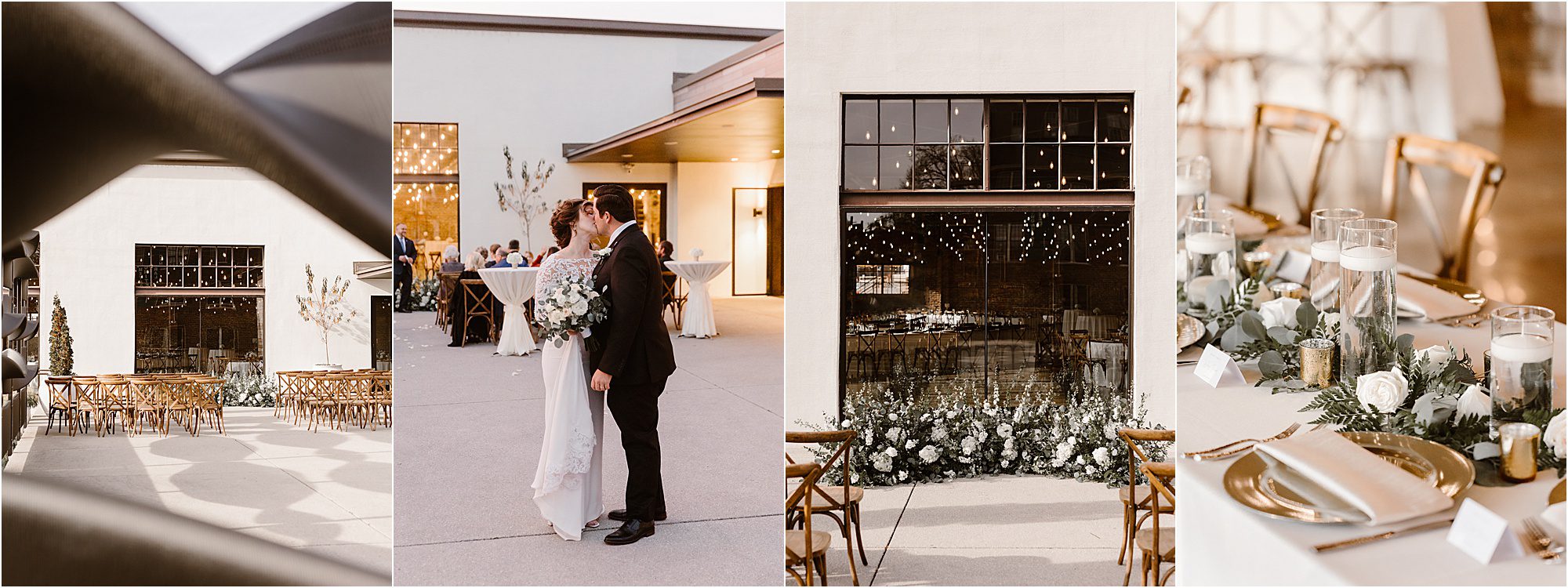 A collage of four images featuring an elegant outdoor wedding at The Press Room Knoxville: ceremony seating, a couple dancing, a decorated venue with string lights, and a close-up of a reception table set with candles and white flowers.