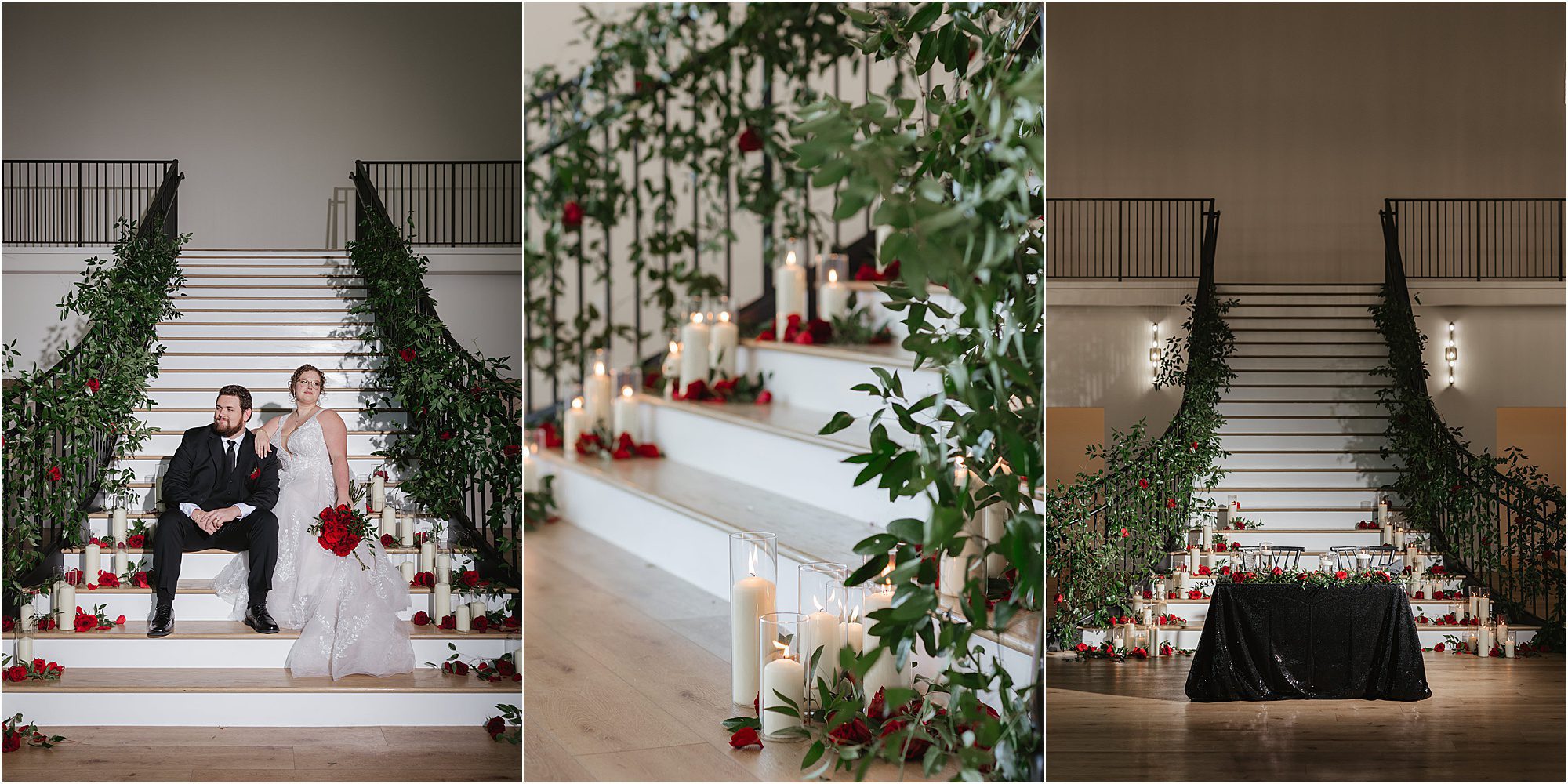 A bride and groom sit on wide white stairs at Nichols Heir Wedding Venues, surrounded by lush greenery, red roses, and glowing candles. Close-up shows candlelit steps with flowers and a black table at the base of the beautifully decorated staircase.