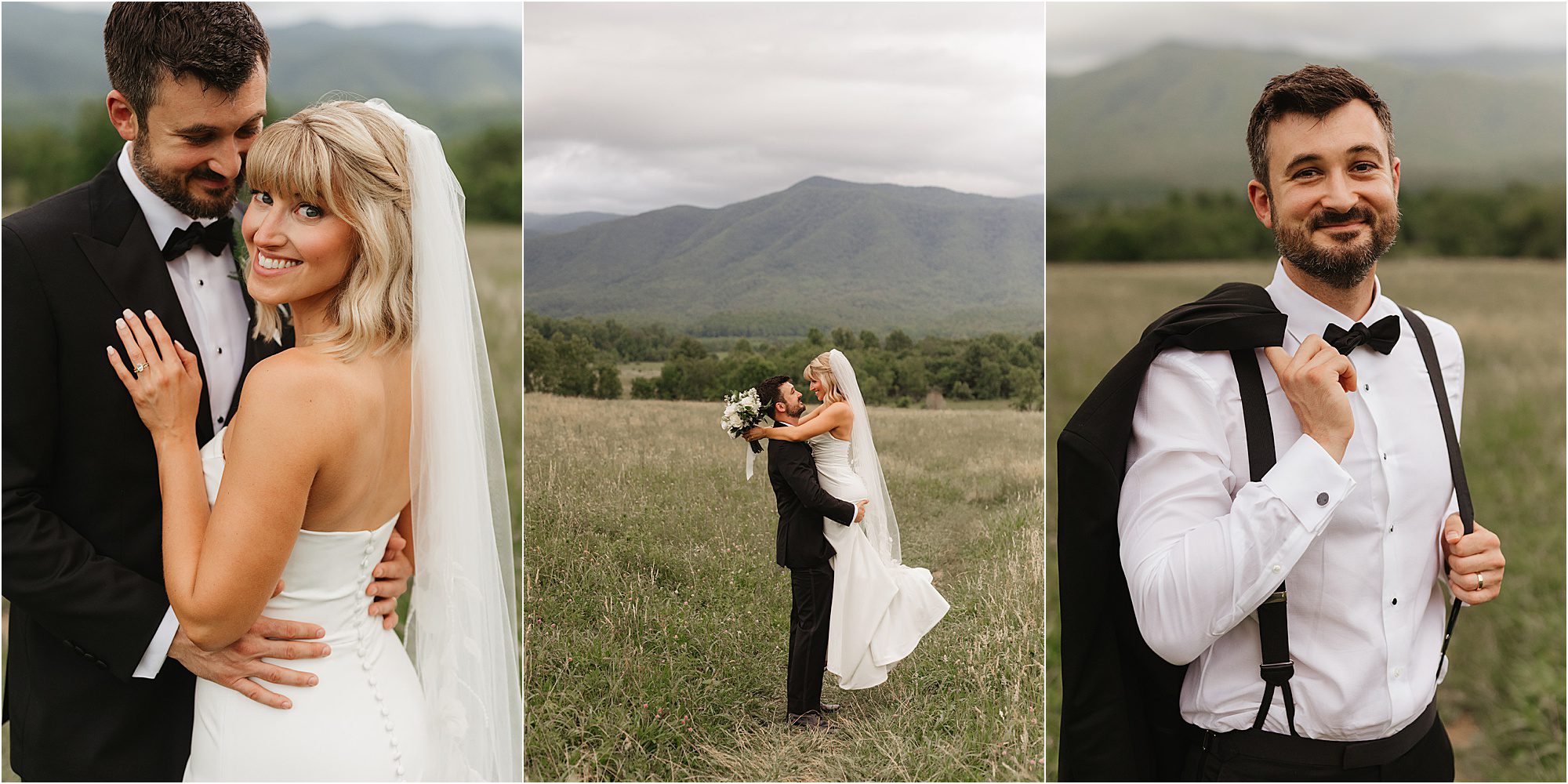 A bride and groom pose joyfully outdoors: left, smiling and holding each other; center, he lifts her at the Cades Cove Wildlife Overlook against mountain views; right, he smiles, holding his jacket over his shoulder.