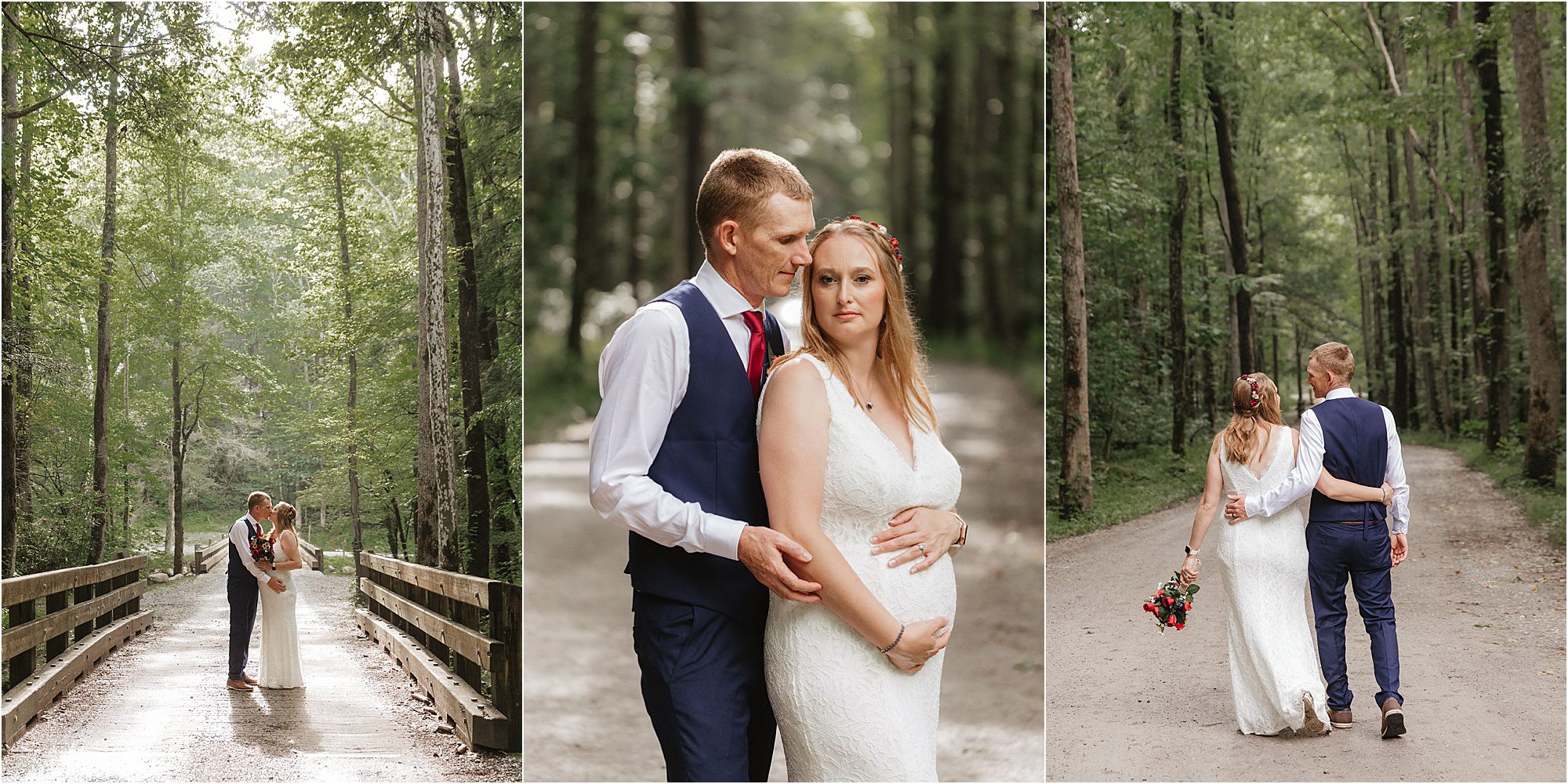 Three wedding photos: a couple embraces on a wooden bridge in Greenbrier in the Great Smoky Mountains National Park, the groom holds the bride close as she rests her hand on her belly, and they walk arm-in-arm down a tree-lined path.