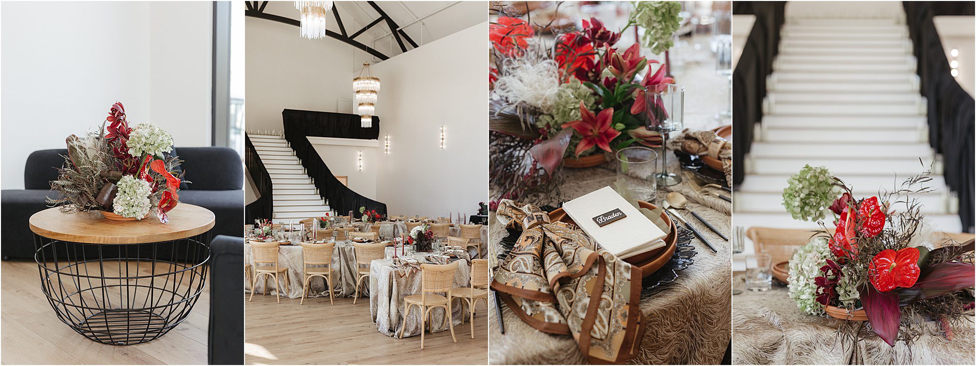 A collage of four images shows Nichols Heir Wedding Venues with floral arrangements, decorated tables, and a grand staircase. Tables feature red, green, and white flowers, patterned tablecloths, and elegant place settings.