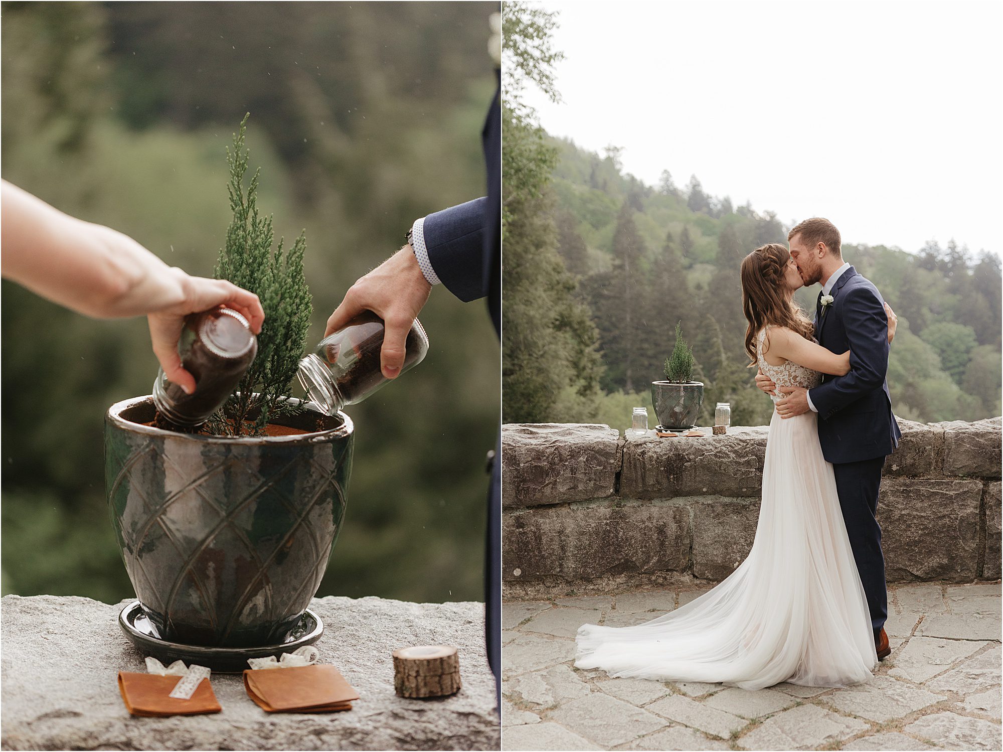 A split image: left shows two people pouring soil into a potted plant for a unique unity ceremony idea; right shows a bride and groom kissing outdoors on a stone terrace with trees in the background.