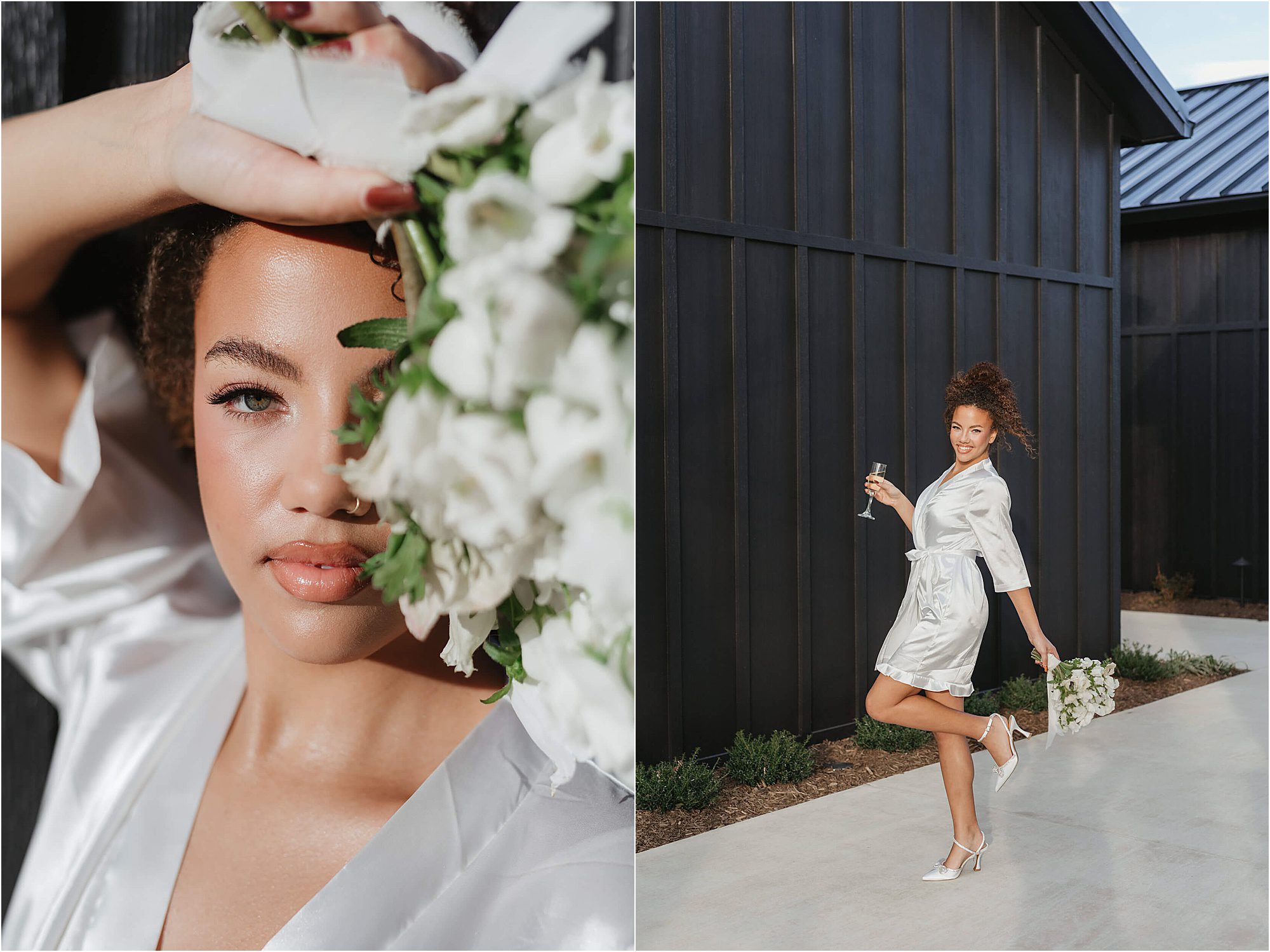 Side-by-side images: left, a woman in a white robe poses with white flowers near her face at Trailhead Venues; right, she stands outdoors smiling, holding the bouquet and a glass, wearing white heels.