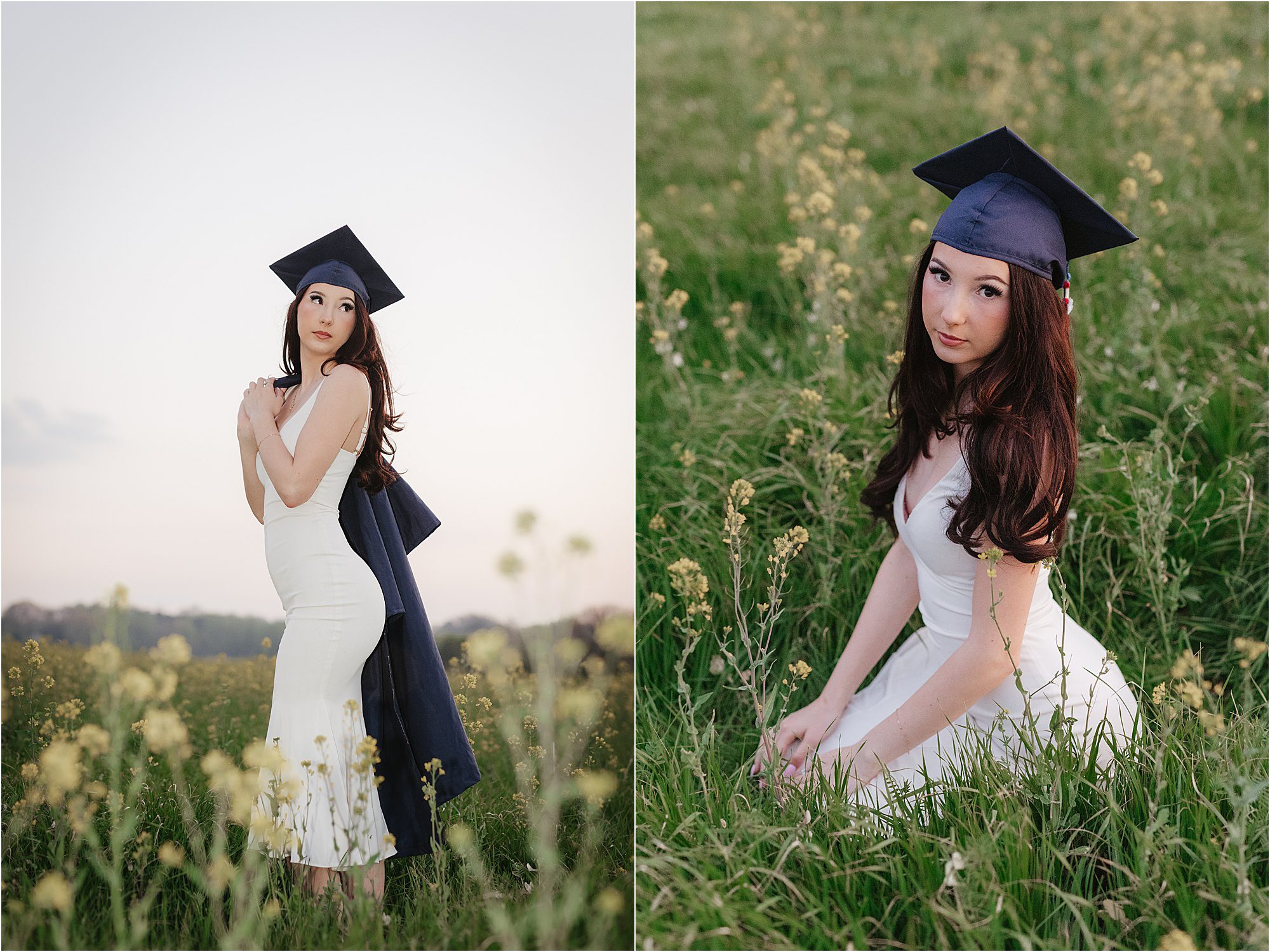 A young woman in a white dress and graduation cap poses confidently among yellow wildflowers during sunset for Wildflower Photos at Cherokee Farm, standing in one photo and kneeling in the other across the grassy field.