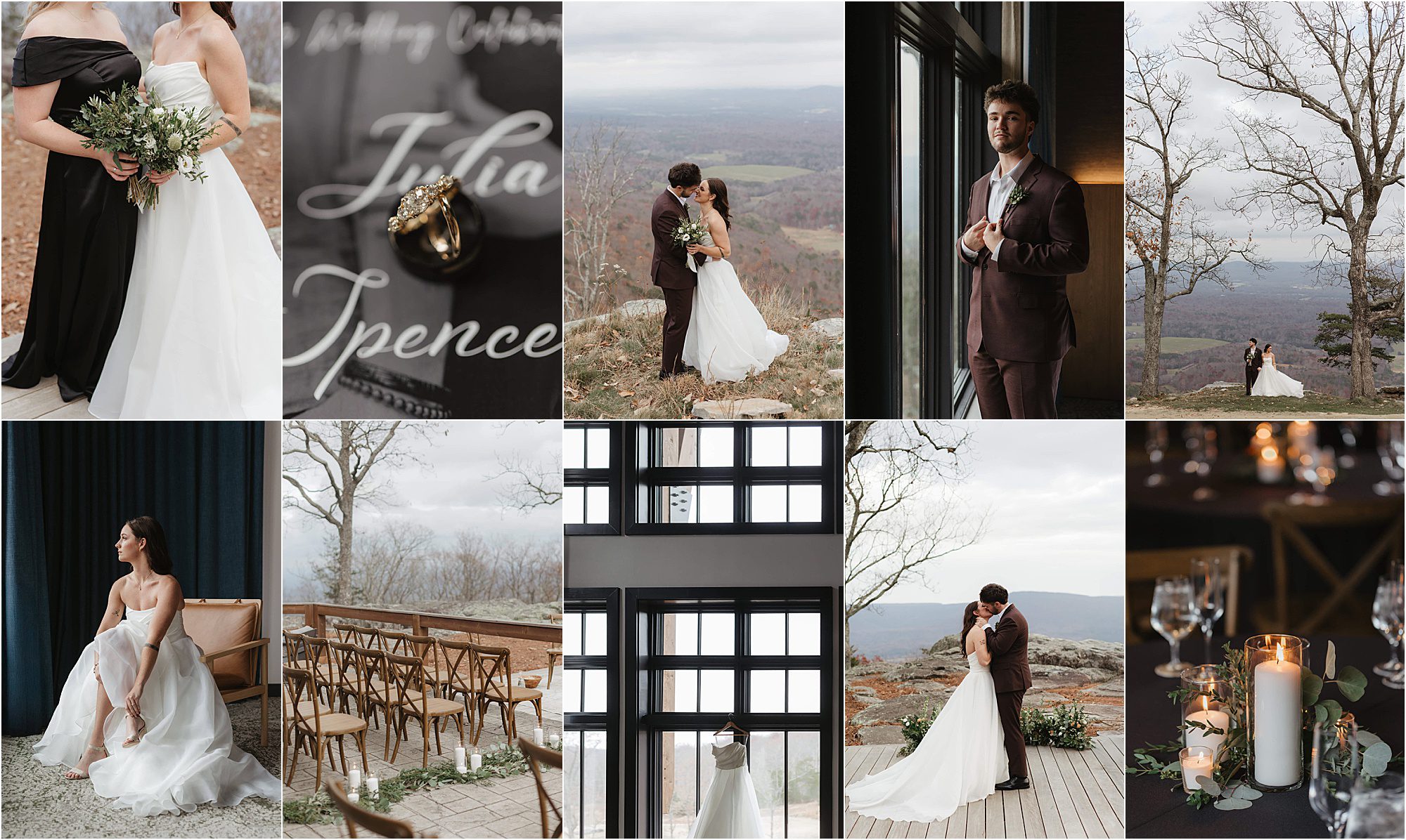 Collage of wedding scenes including a bride and groom, a mountain view, wedding rings, a groom by a window, candlelit table settings, empty ceremony chairs, and the bride preparing for the ceremony—capturing the enchanting atmosphere of a wedding at Cloudland at McLemore Resort.