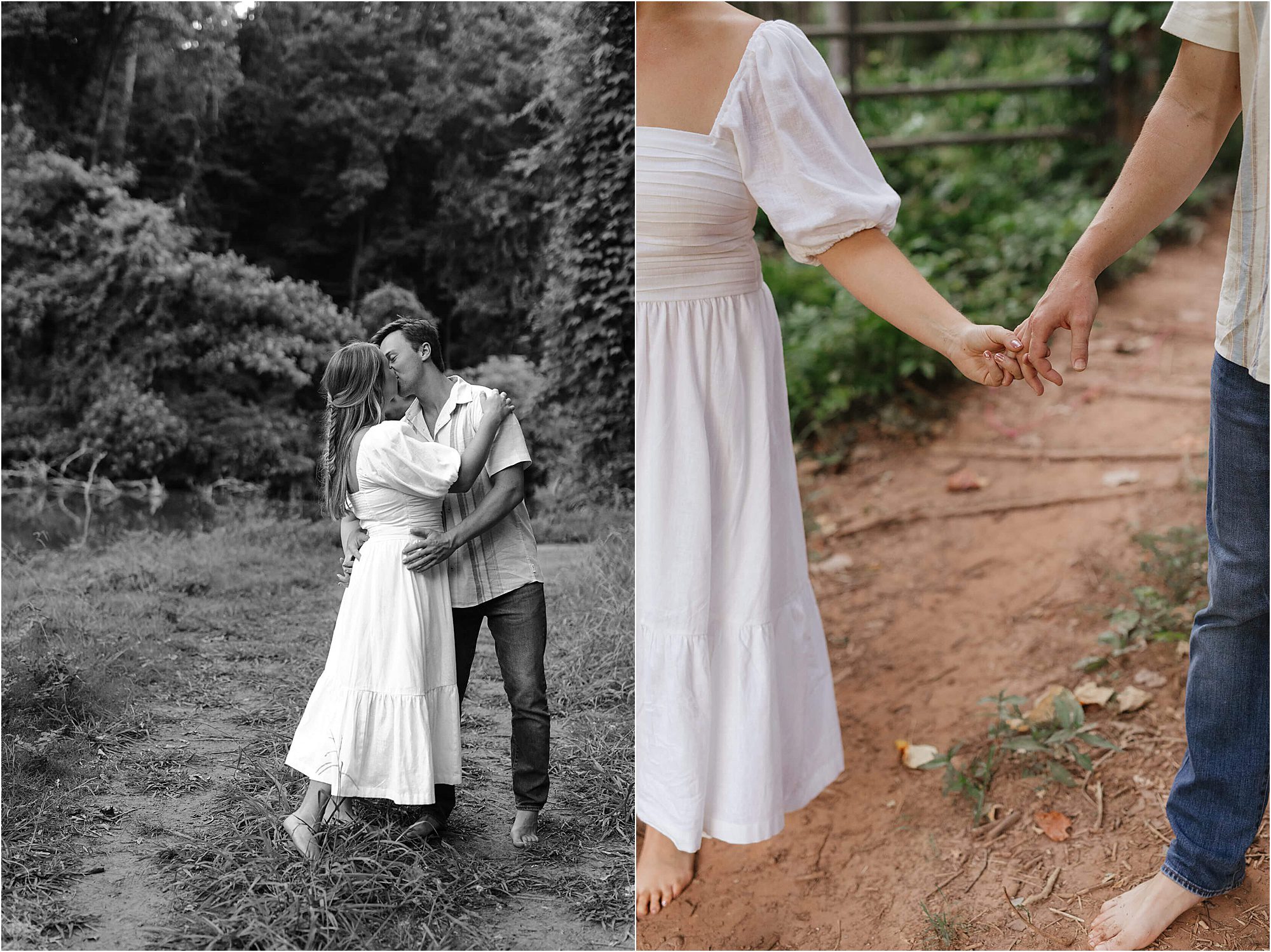 Split image: Left shows a couple kissing outdoors during their lakeside engagement session, the woman in a white dress and the man in jeans and a shirt. Right shows them holding hands, barefoot on a dirt path, with greenery in the background.