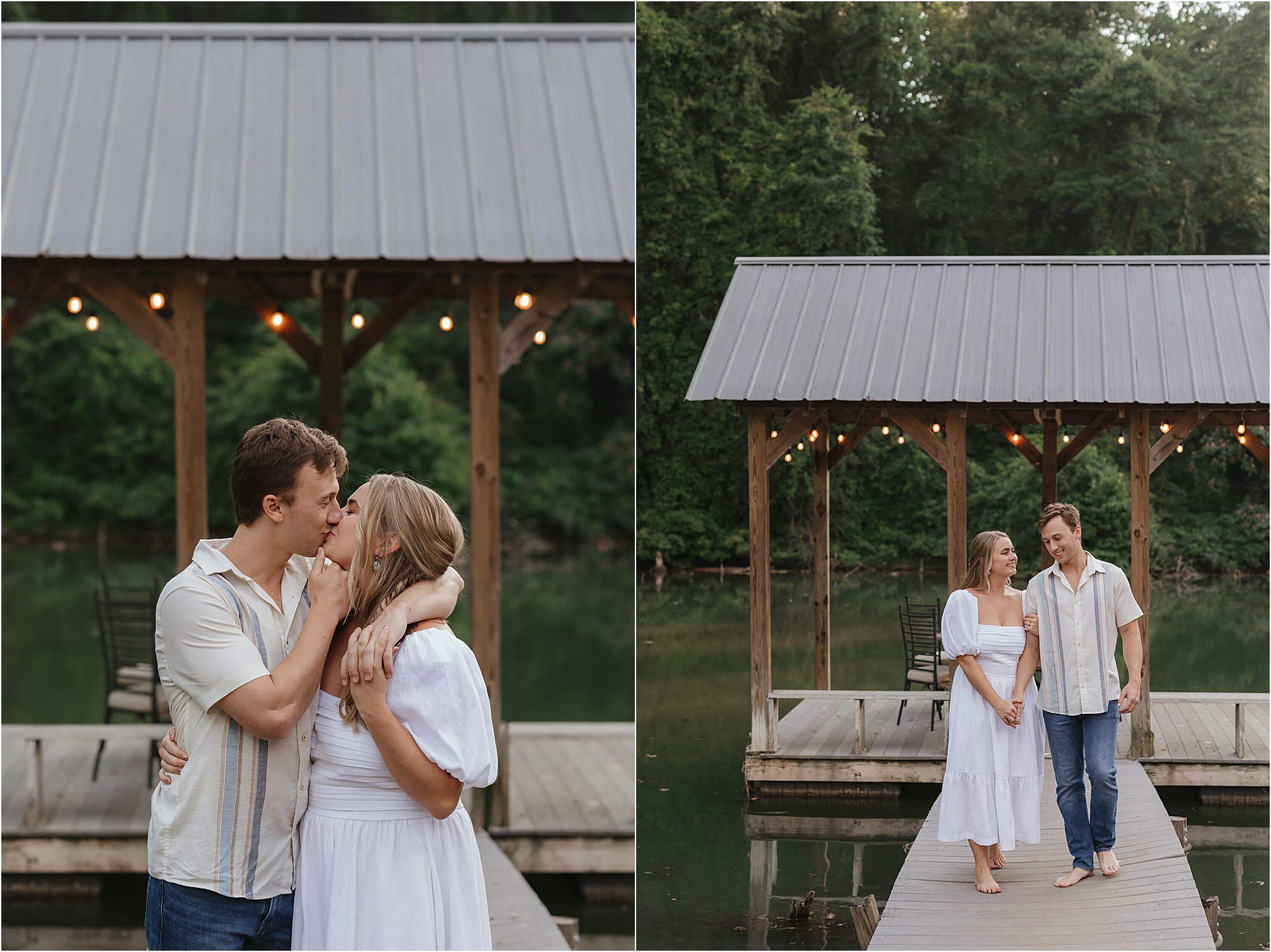 A couple stands on a dock by a lake, under a wooden gazebo with string lights during their lakeside engagement session. They share a kiss in one photo and walk hand in hand, smiling, in the other. Both wear light-colored, casual outfits. Lush trees are in the background.
