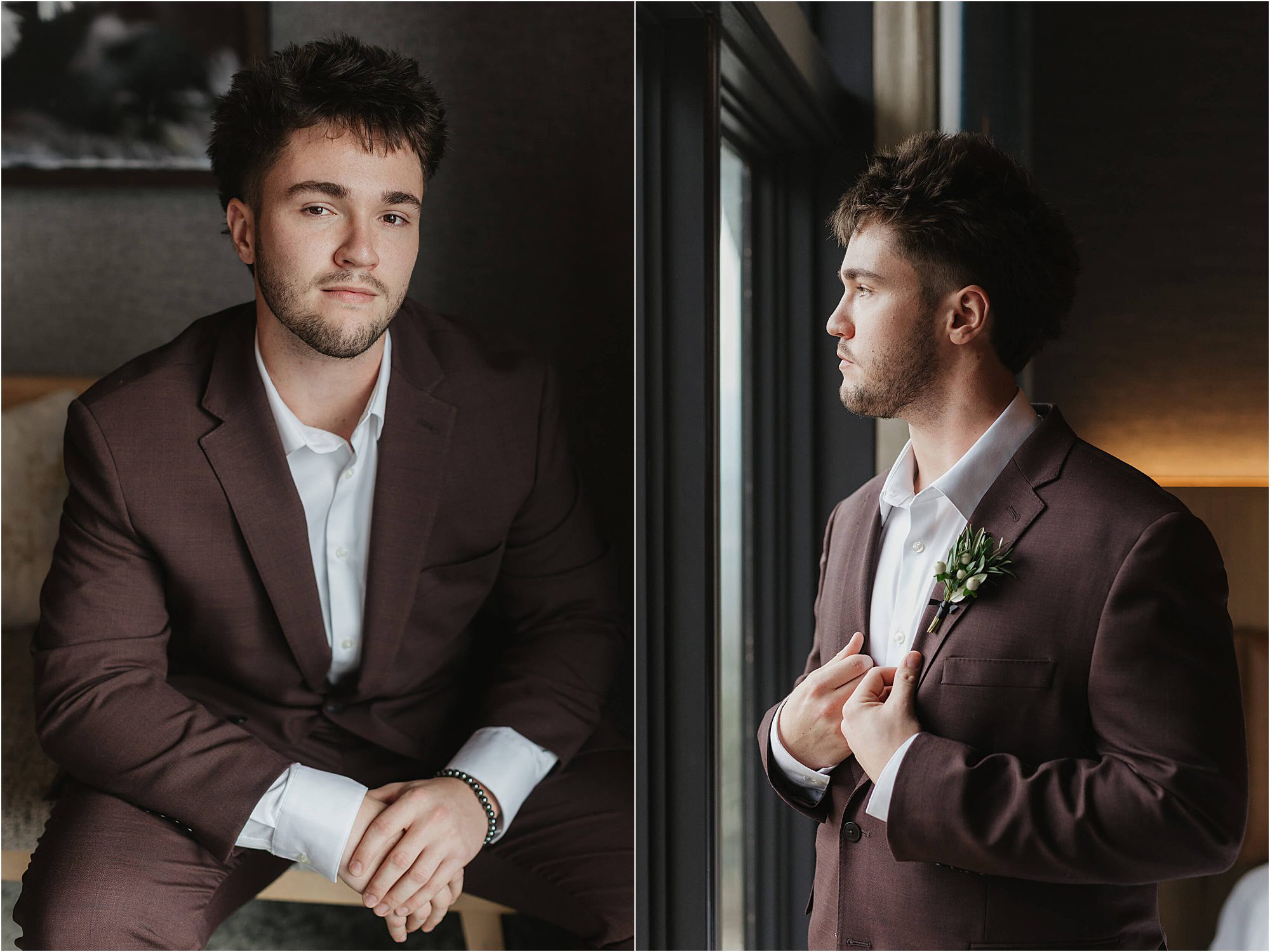 A young man in a brown suit with a white shirt sits on a chair in one photo and adjusts his jacket while looking out a window in another, both moments captured in a softly lit room as he prepares for his wedding at Cloudland at McLemore Resort.