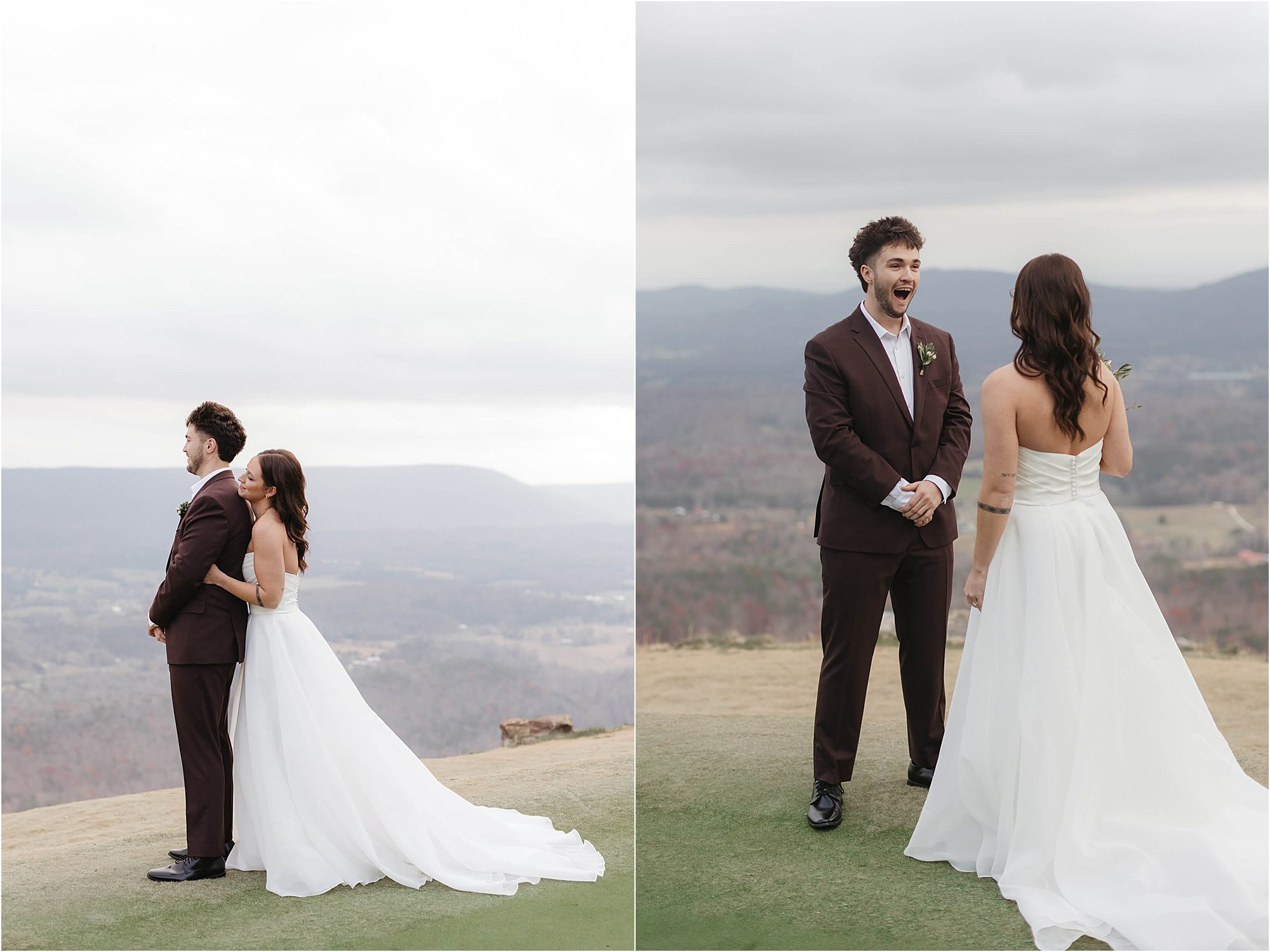 A bride in a white dress surprises her groom from behind outdoors during their wedding at Cloudland at McLemore Resort; in the next image, he reacts with excitement while she faces him. Mountains and cloudy skies are in the background.