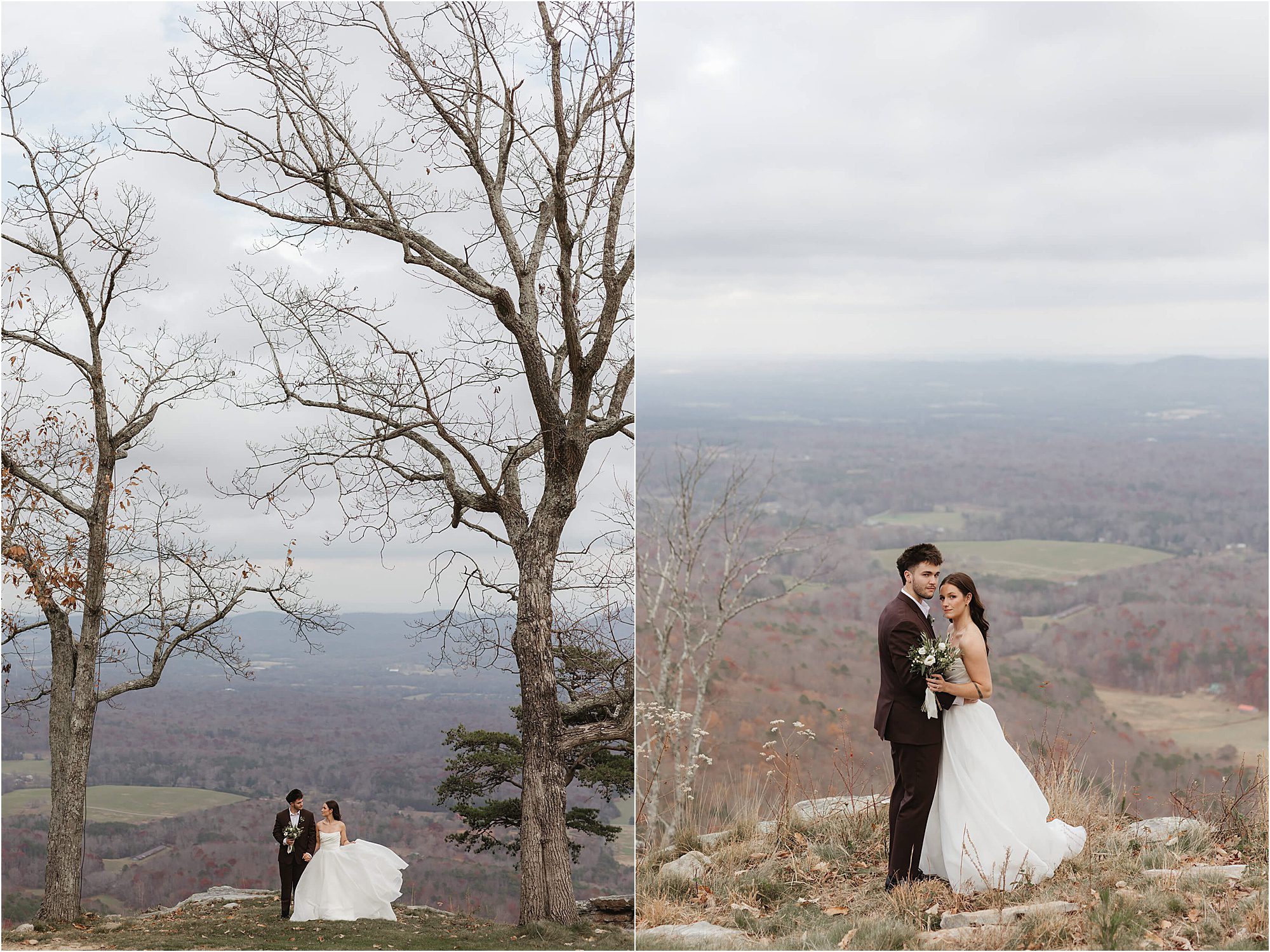 Two wedding photos on a mountain: on the left, a bride and groom stand under tall leafless trees; on the right, they embrace on a cliff with a scenic, cloudy landscape in the background—a breathtaking wedding at Cloudland at McLemore Resort.