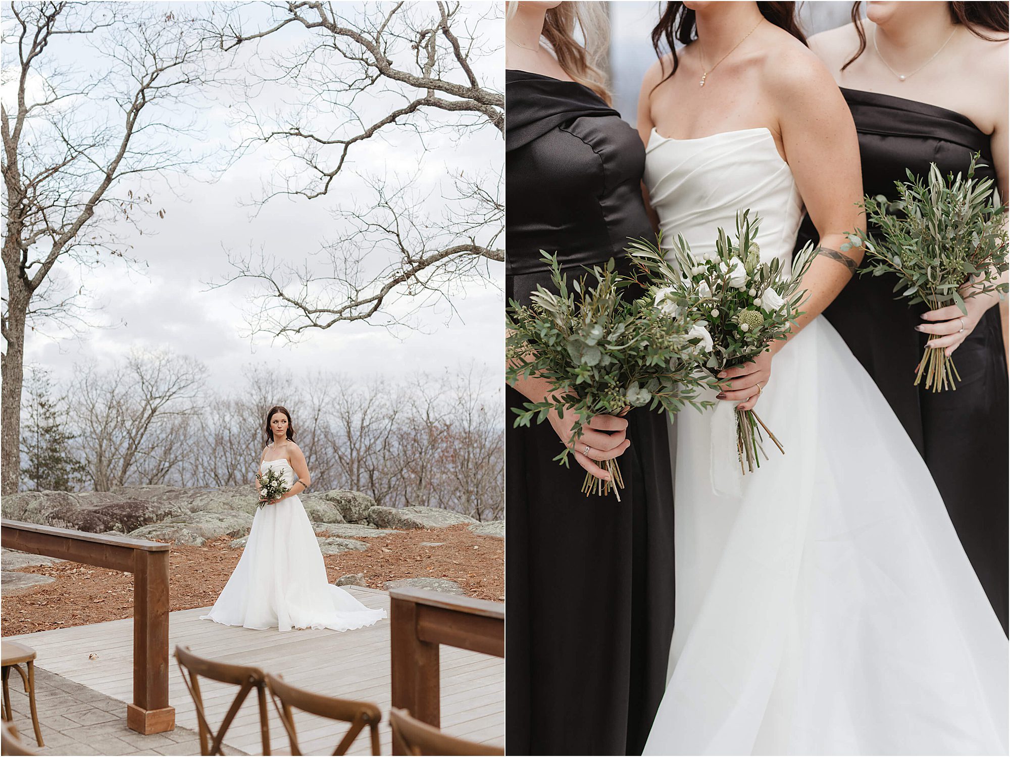 A bride in a white dress stands outdoors with trees in the background at a wedding at Cloudland at McLemore Resort; close-up of the bride and two bridesmaids in black dresses holding green and white bouquets.