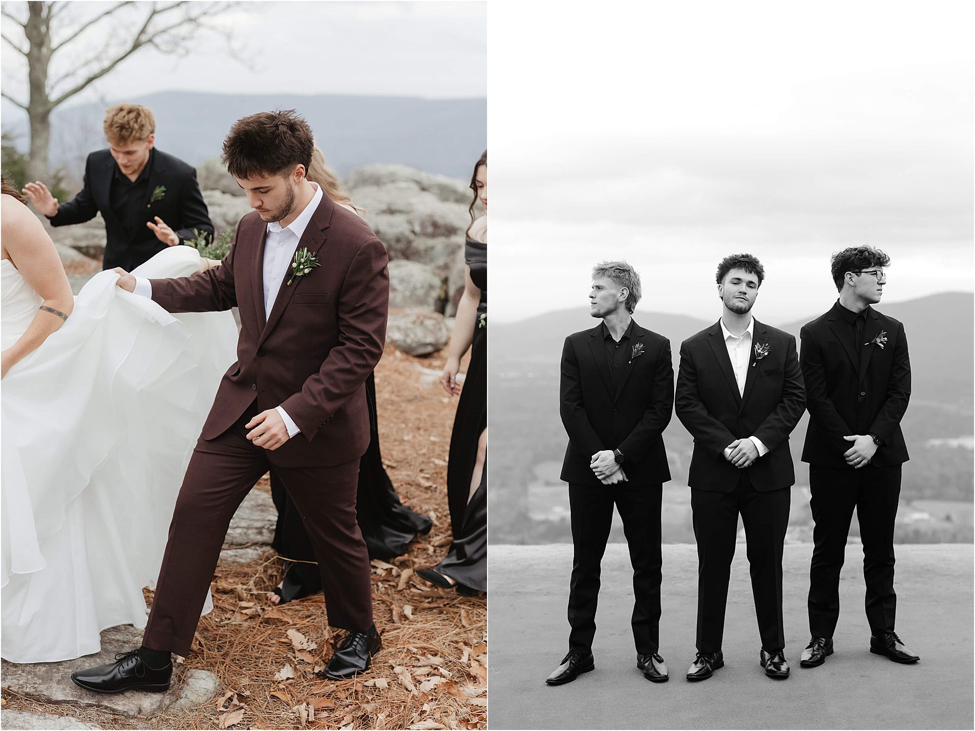 Split image: Left, a man in a burgundy suit helps adjust a woman’s white dress outdoors during a wedding at Cloudland at McLemore Resort. Right, three men in dark suits stand side by side, looking in different directions, with mountains in the background.