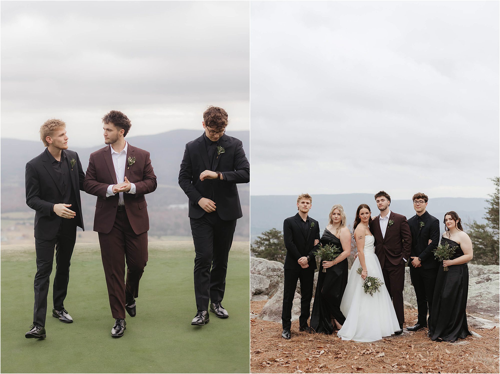 Two photos: Left shows three men in suits walking and talking outdoors; right captures a group of five people—three men in suits, two women in dresses—posing together on a rocky, scenic overlook with cloudy skies at a wedding at Cloudland at McLemore Resort.
