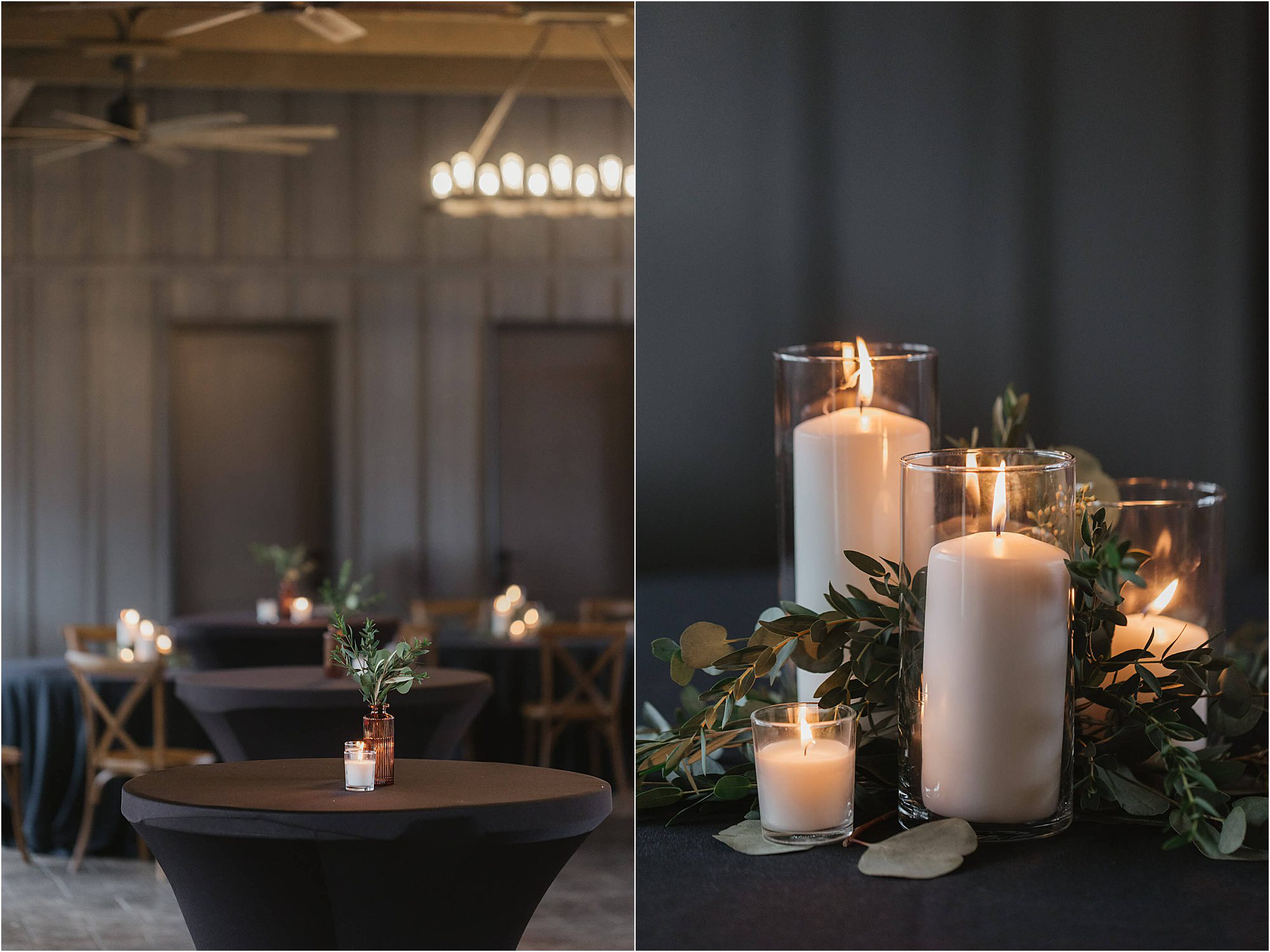 Elegant event setup with black tablecloths, wooden chairs, and candles in glass holders decorated with greenery. Soft, warm lighting creates a cozy and inviting atmosphere, perfect for a wedding at Cloudland at McLemore Resort.