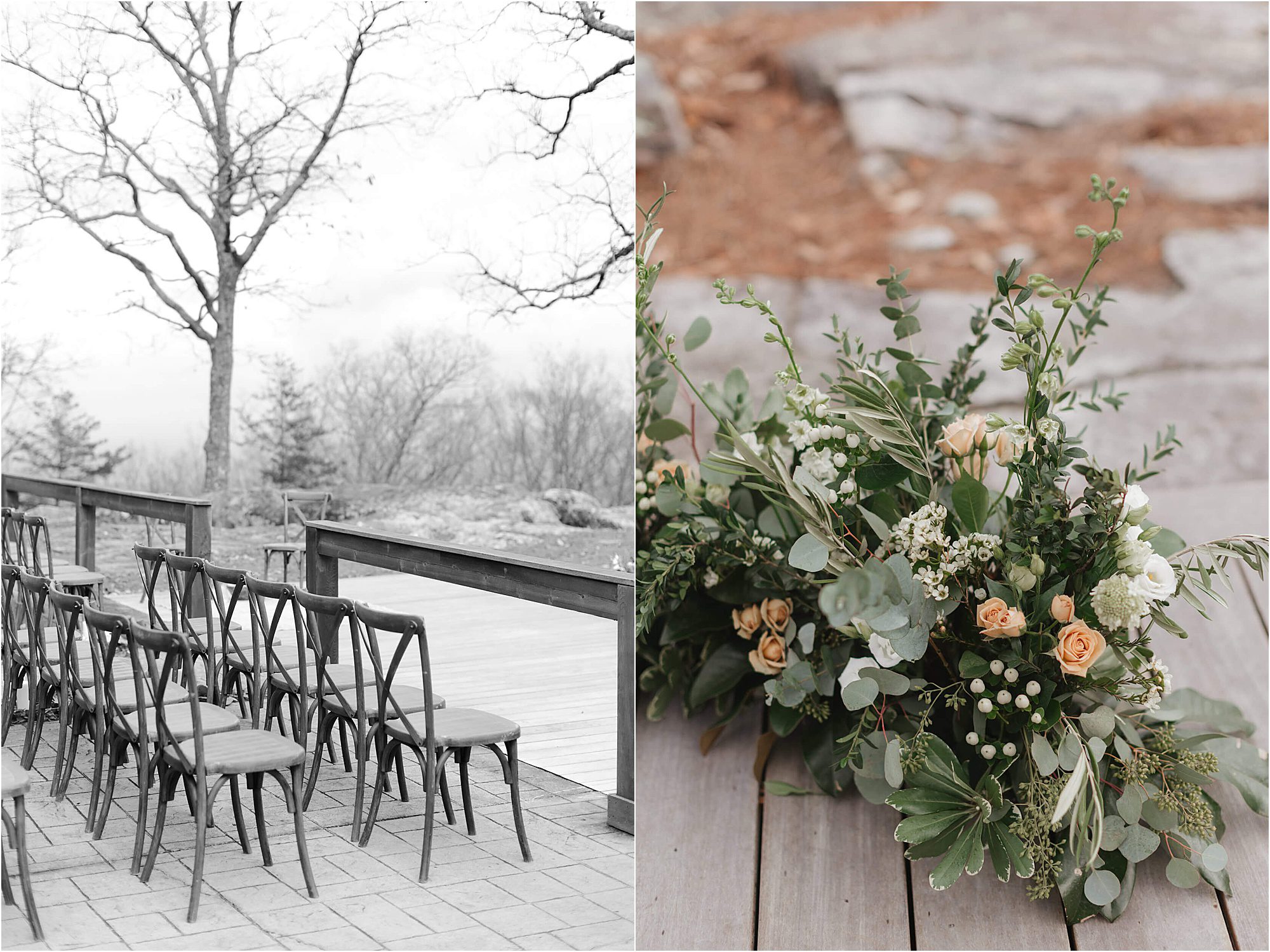 Left: Empty wooden chairs set up outdoors by a deck with bare trees in the background, evoking the tranquil atmosphere of a wedding at Cloudland at McLemore Resort. Right: Close-up of a bouquet with greenery and small cream roses on a wooden surface.