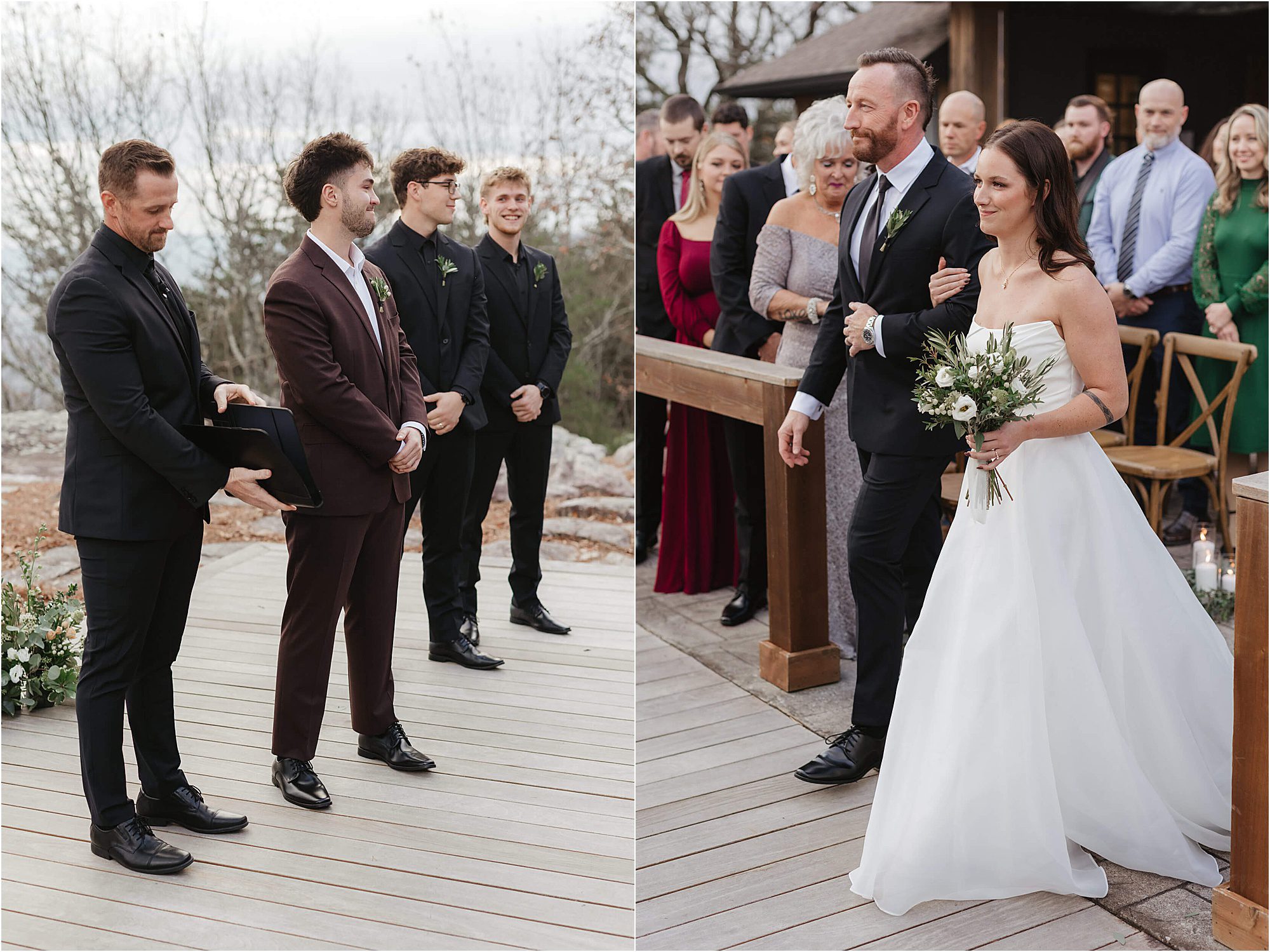 A groom waits at an outdoor altar with his groomsmen during a wedding at Cloudland at McLemore Resort; a bride in a white dress walks down the aisle holding a bouquet, escorted by a man in a suit, with guests watching.