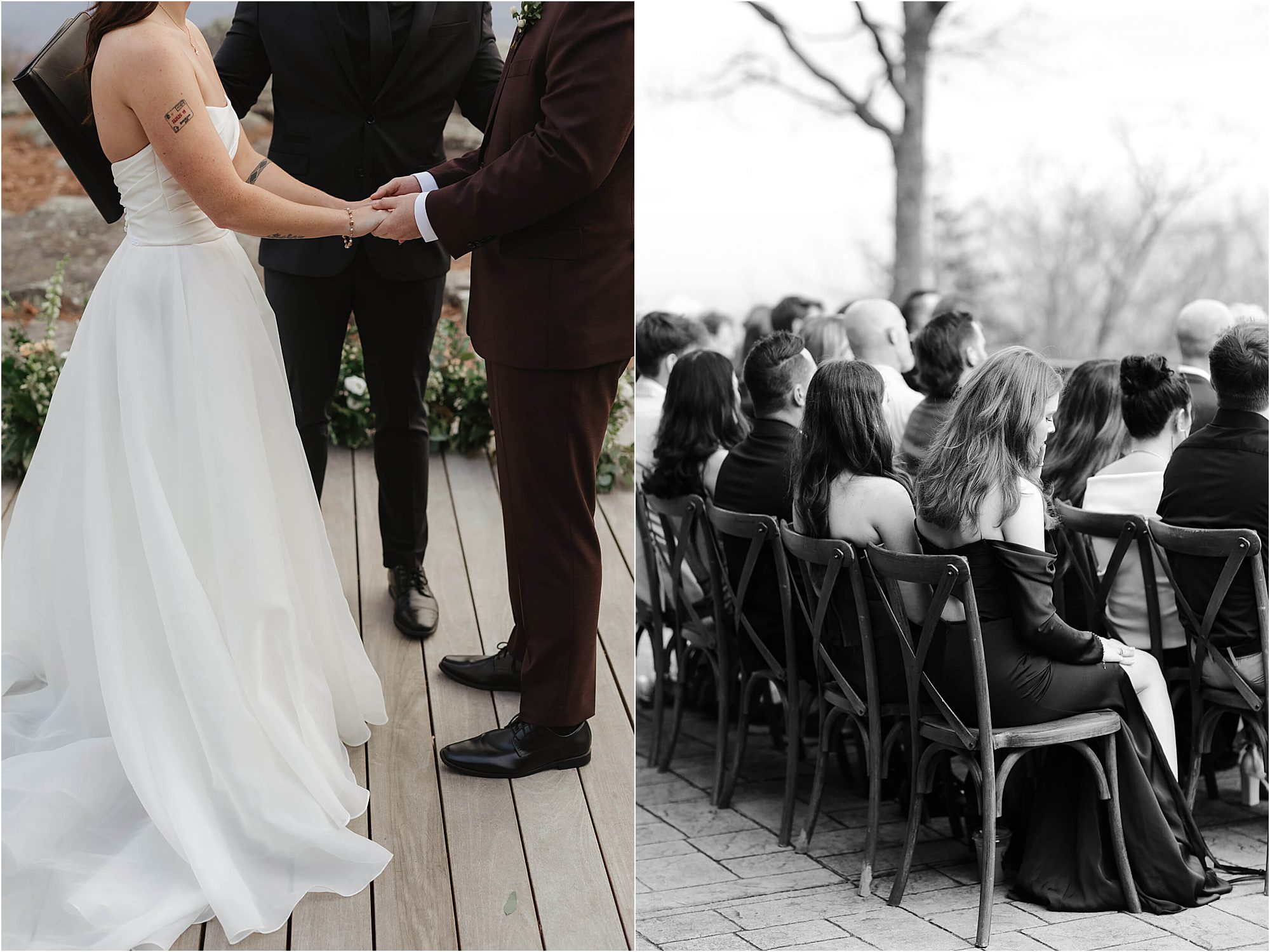 A couple holds hands during an outdoor wedding ceremony at Cloudland at McLemore Resort, with guests seated on wooden chairs, attentively watching the event.