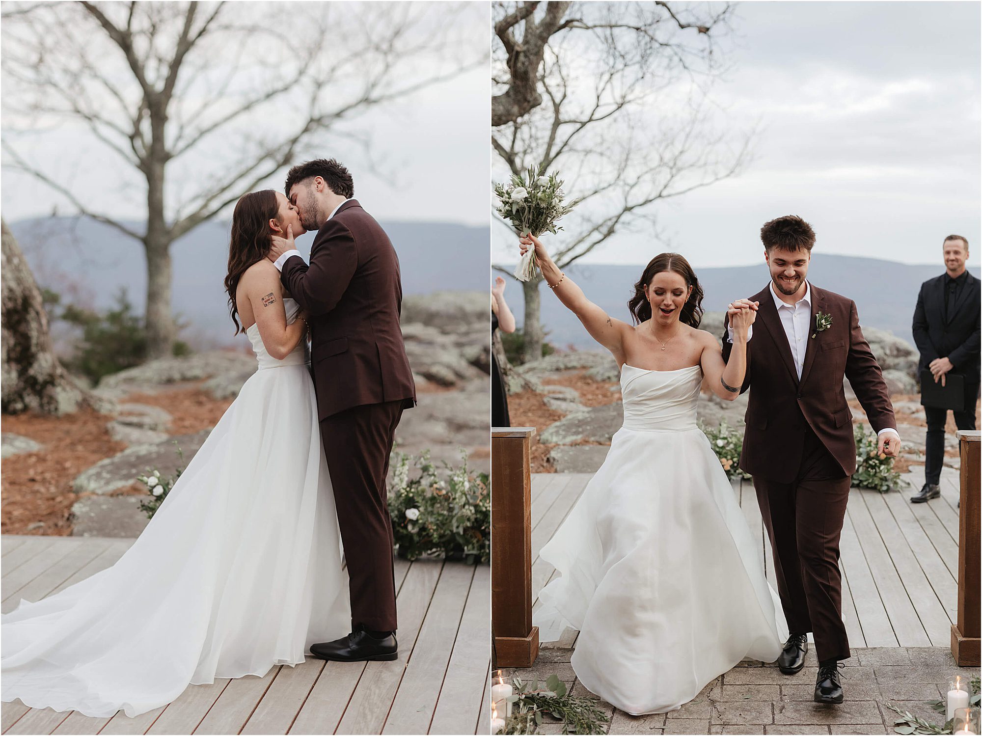 A bride and groom kiss during their outdoor wedding ceremony on the left; on the right, they walk down the aisle, smiling and celebrating, with mountains and trees in the background at their beautiful wedding at Cloudland at McLemore Resort.