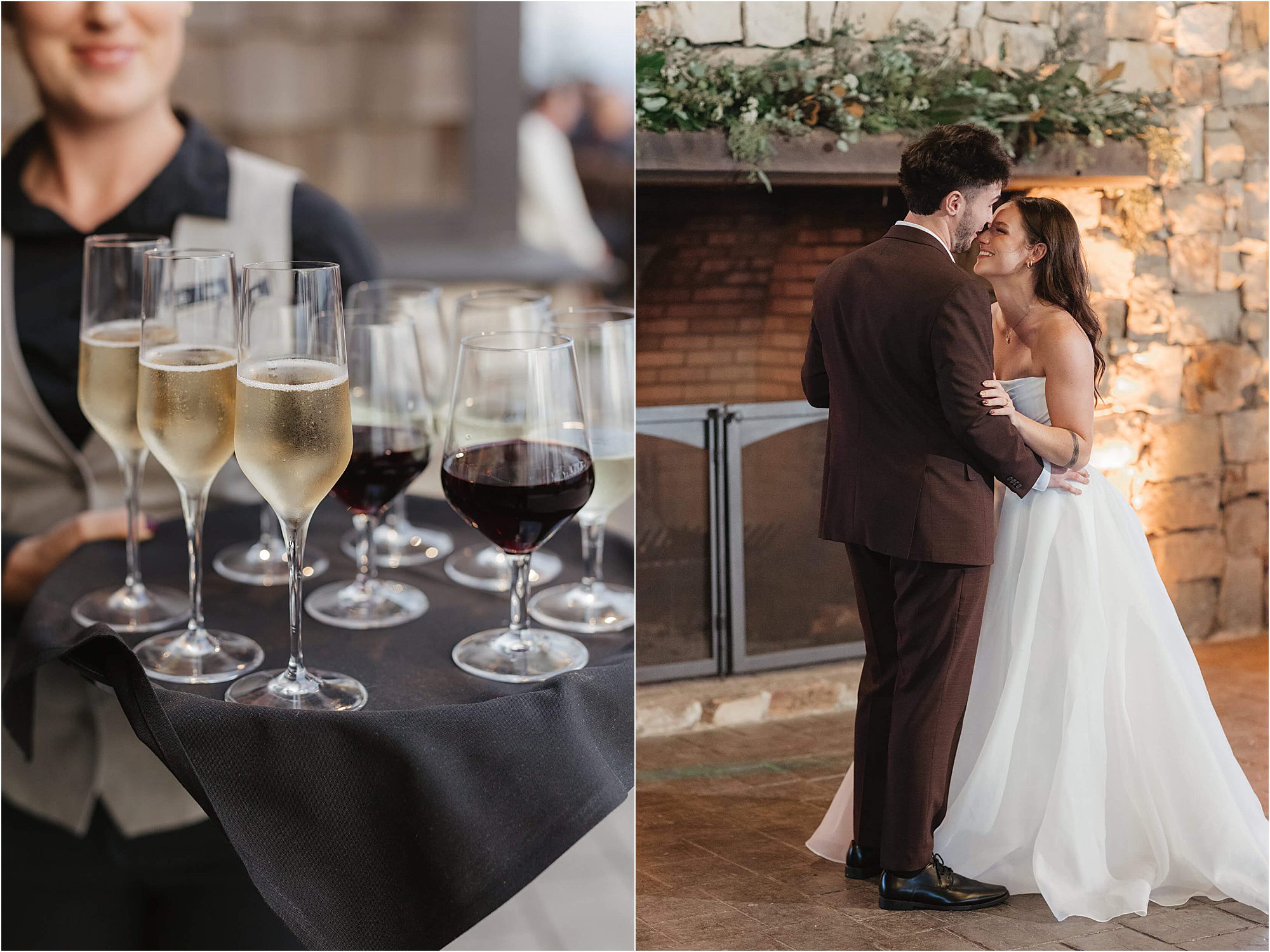 Split image: Left side shows a server holding a tray of champagne and red wine glasses. Right side shows a bride and groom dancing closely in front of a stone fireplace, capturing the romantic ambiance of a wedding at Cloudland at McLemore Resort.