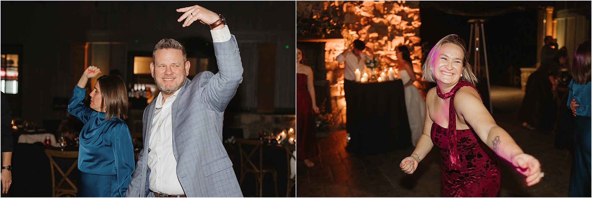 Two people dance at an indoor event; on the left, a man in a light suit smiles and gestures, while on the right, a woman in a burgundy dress beams—both enjoying the festive atmosphere of a wedding at Cloudland at McLemore Resort.