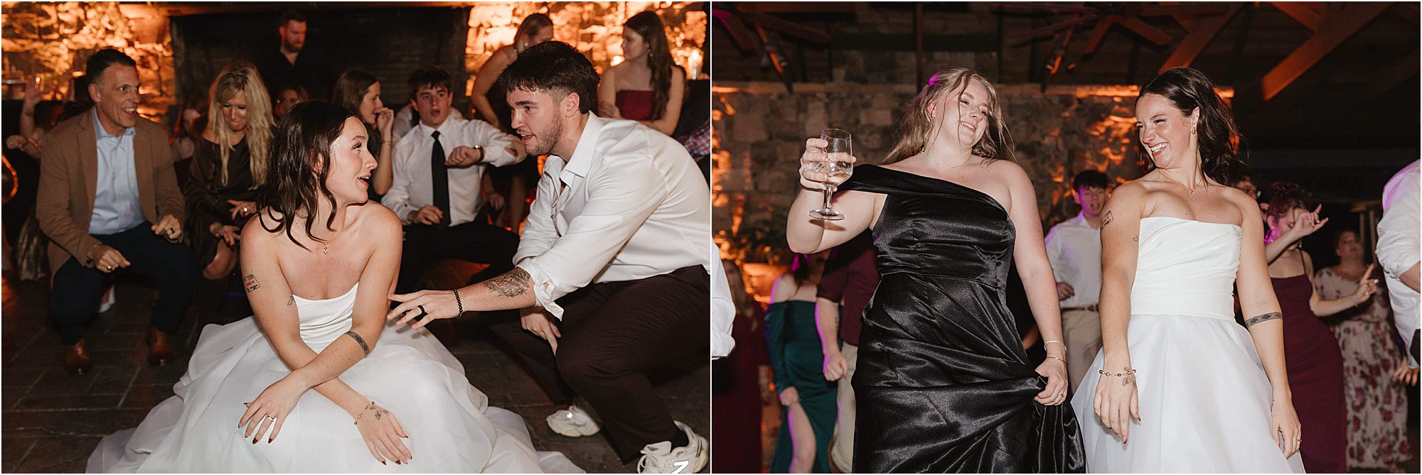 Two wedding reception scenes from a beautiful wedding at Cloudland at McLemore Resort: Left, a bride sits smiling as a group crouches around her, one man playfully reaching out. Right, the bride dances with a woman in a black dress, both smiling and holding drinks.