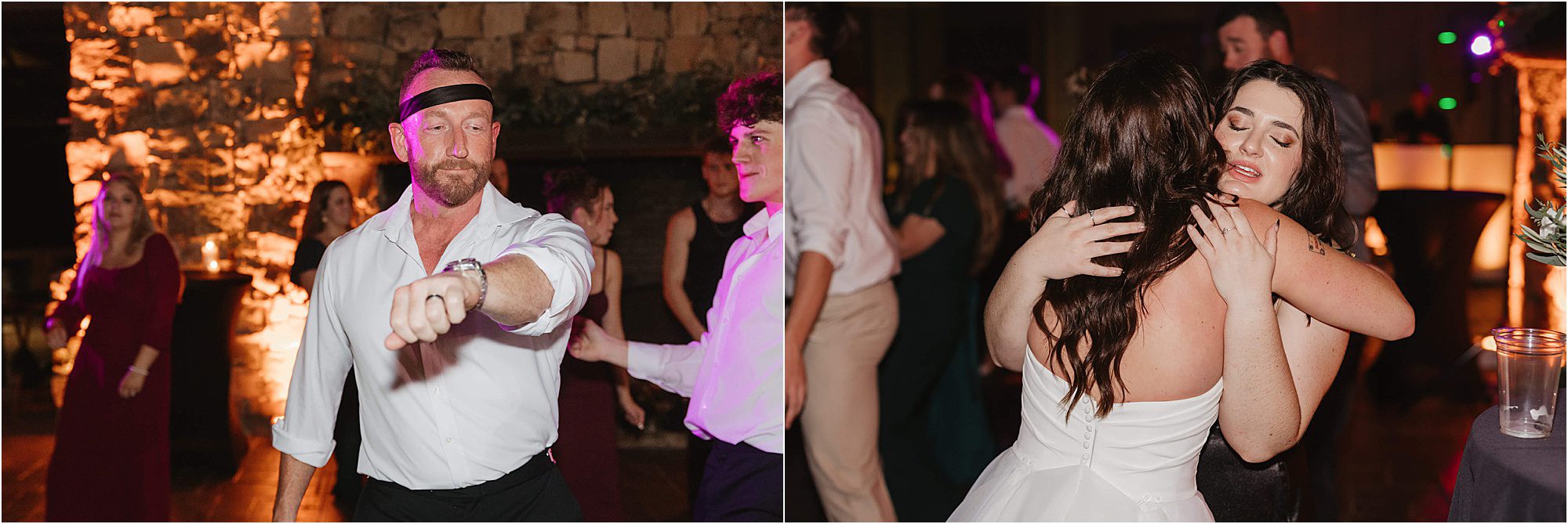 Left: At a lively wedding at Cloudland at McLemore Resort, a man with a black headband points while dancing at a party. Right: Two women, one in a white dress, hug on the dance floor with guests and warm lighting in the background.