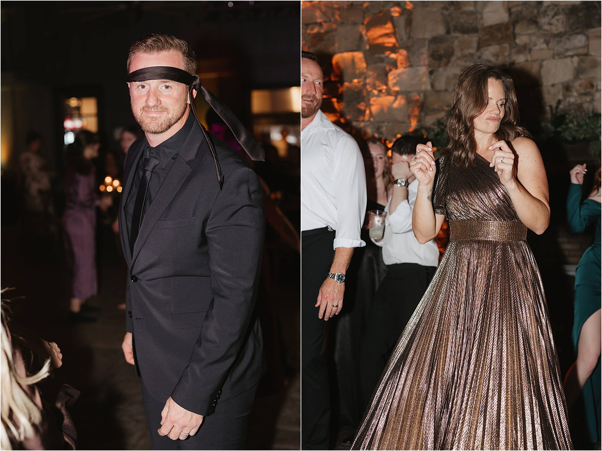 At a lively indoor wedding at Cloudland at McLemore Resort, a man in a black suit with a loosened tie around his head stands on the left, while a woman in a shiny bronze dress dances on the right.