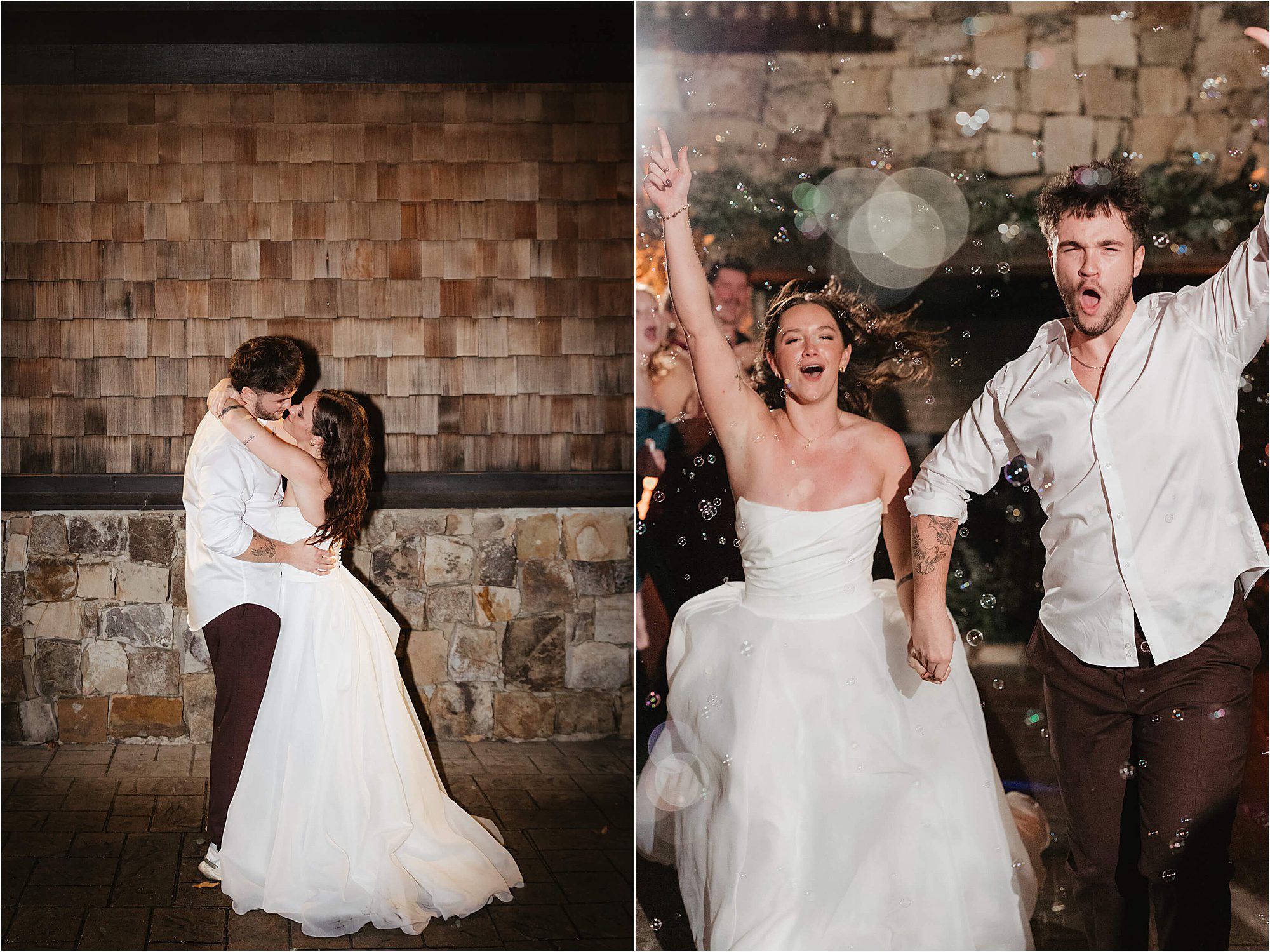 Split image: On the left, a couple kisses, both in white clothes. On the right, the same couple celebrates their wedding at Cloudland at McLemore Resort, holding hands and surrounded by bubbles and cheering people in the background.