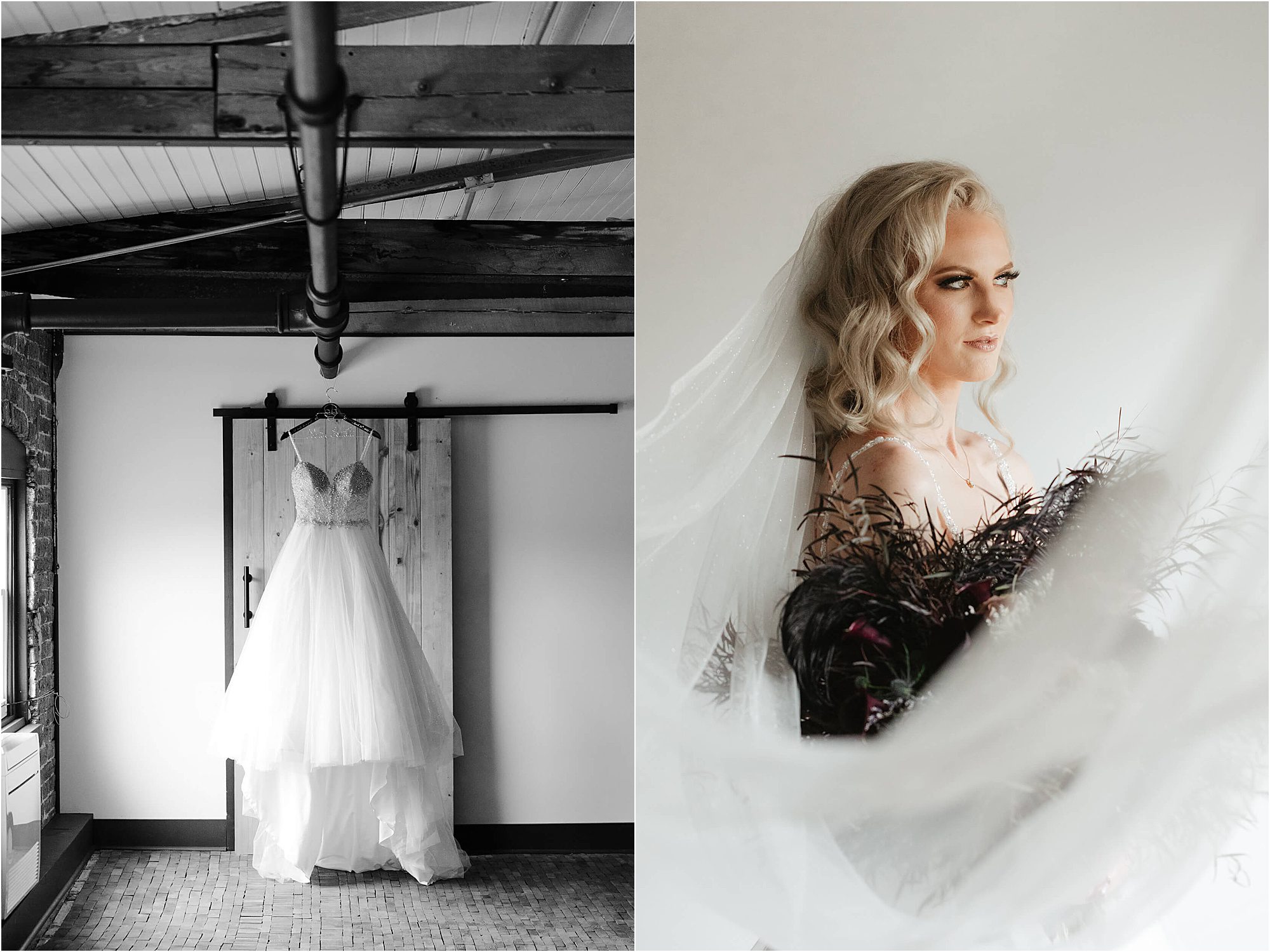 A bridal gown hangs on a wooden door in the Weaver’s Room, its rustic charm enhanced by weathered beams; beside it, a bride with wavy blonde hair, in a veil, holds a bouquet and gazes thoughtfully to the side.