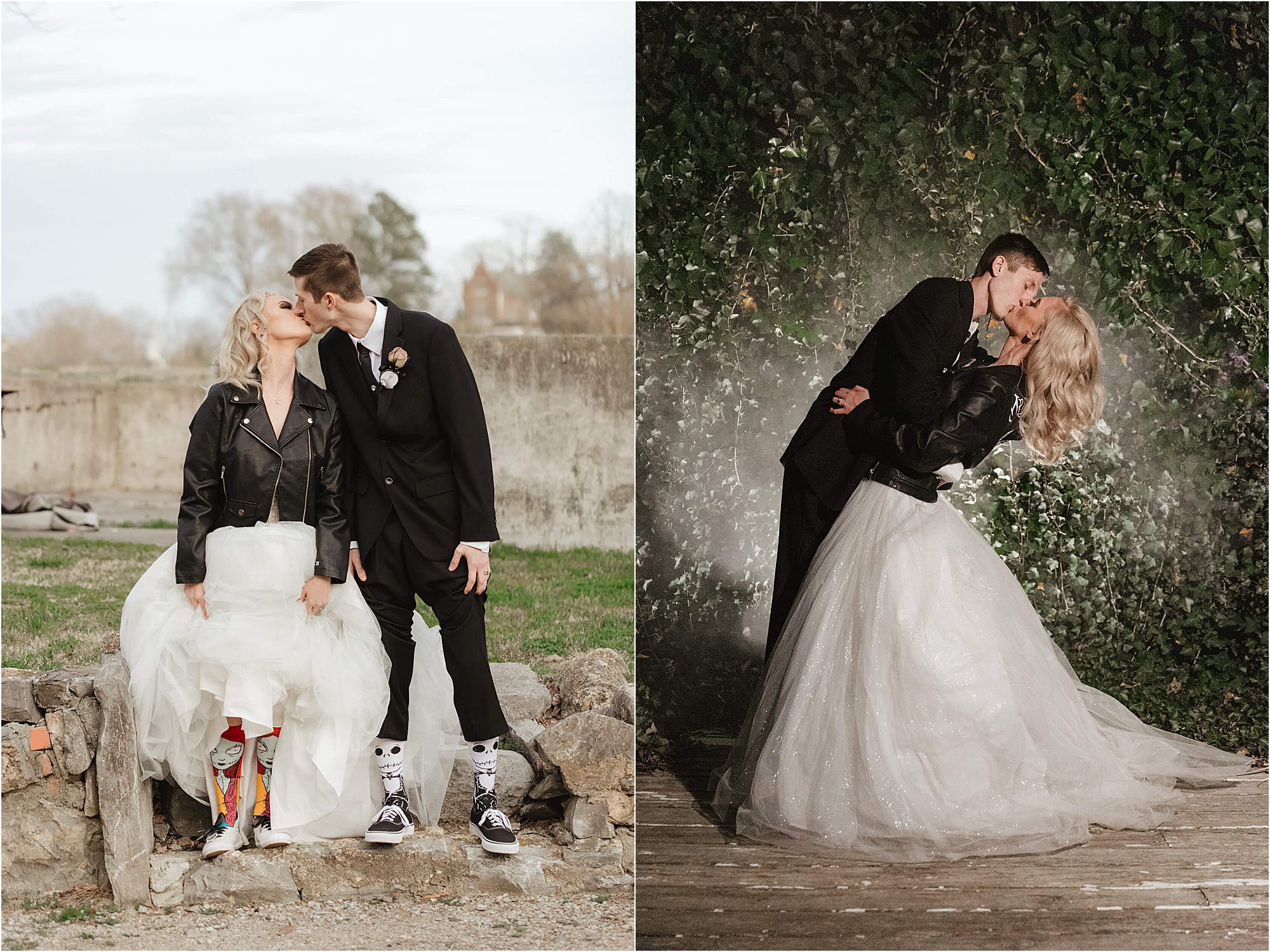 Two newlyweds: left, they sit kissing in the Weaver’s Room, the bride in a white gown, leather jacket, and colorful socks; right, they kiss while dancing at night, the bride’s dress sparkling under soft lights.