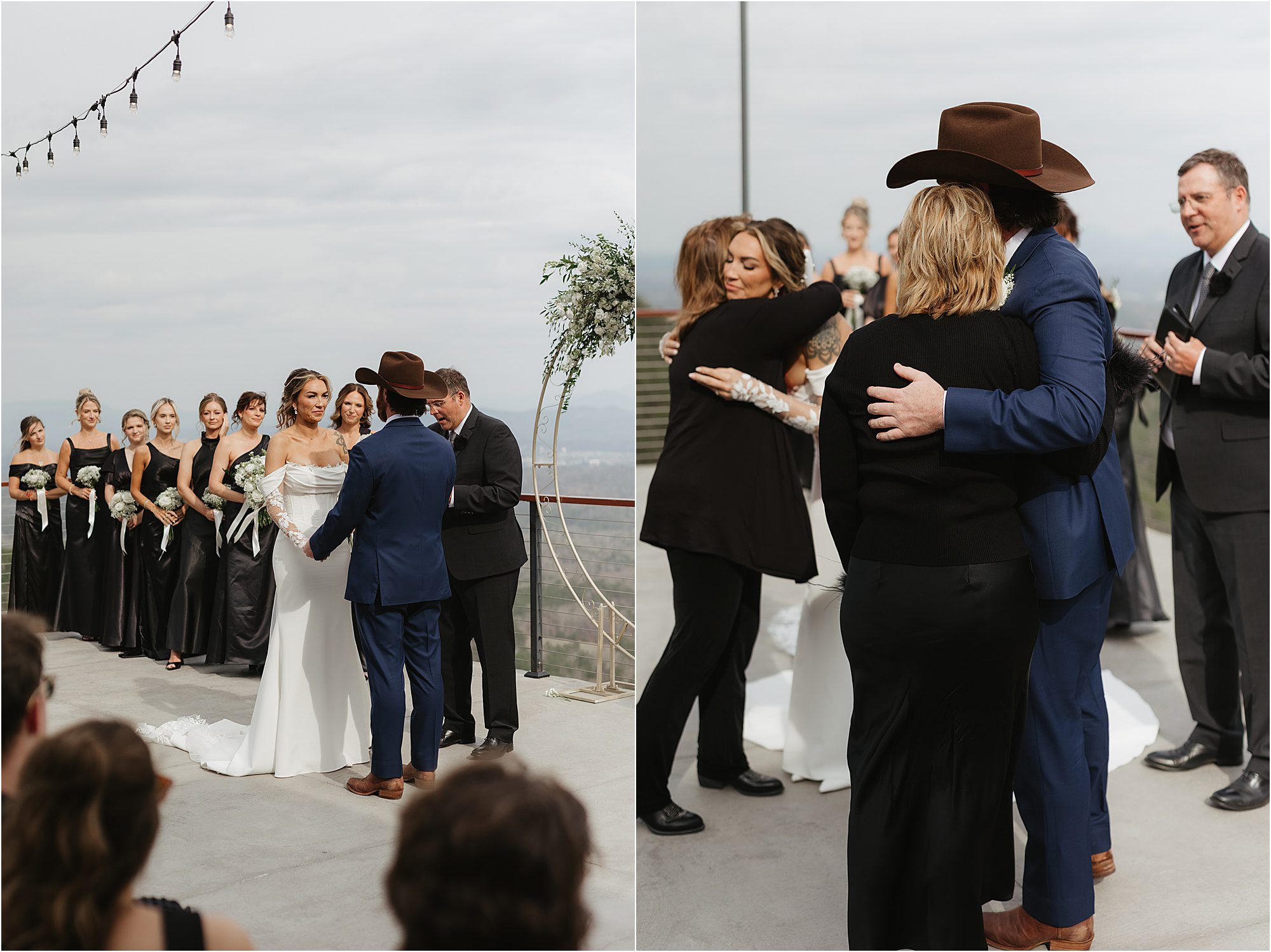 A bride and groom stand at an outdoor altar with bridesmaids in black dresses—one of those wedding ideas that keep guests engaged with a striking, modern twist. In the next photo, the groom hugs a woman while the bride and another woman embrace nearby, capturing heartfelt moments that make for an unforgettable celebration.