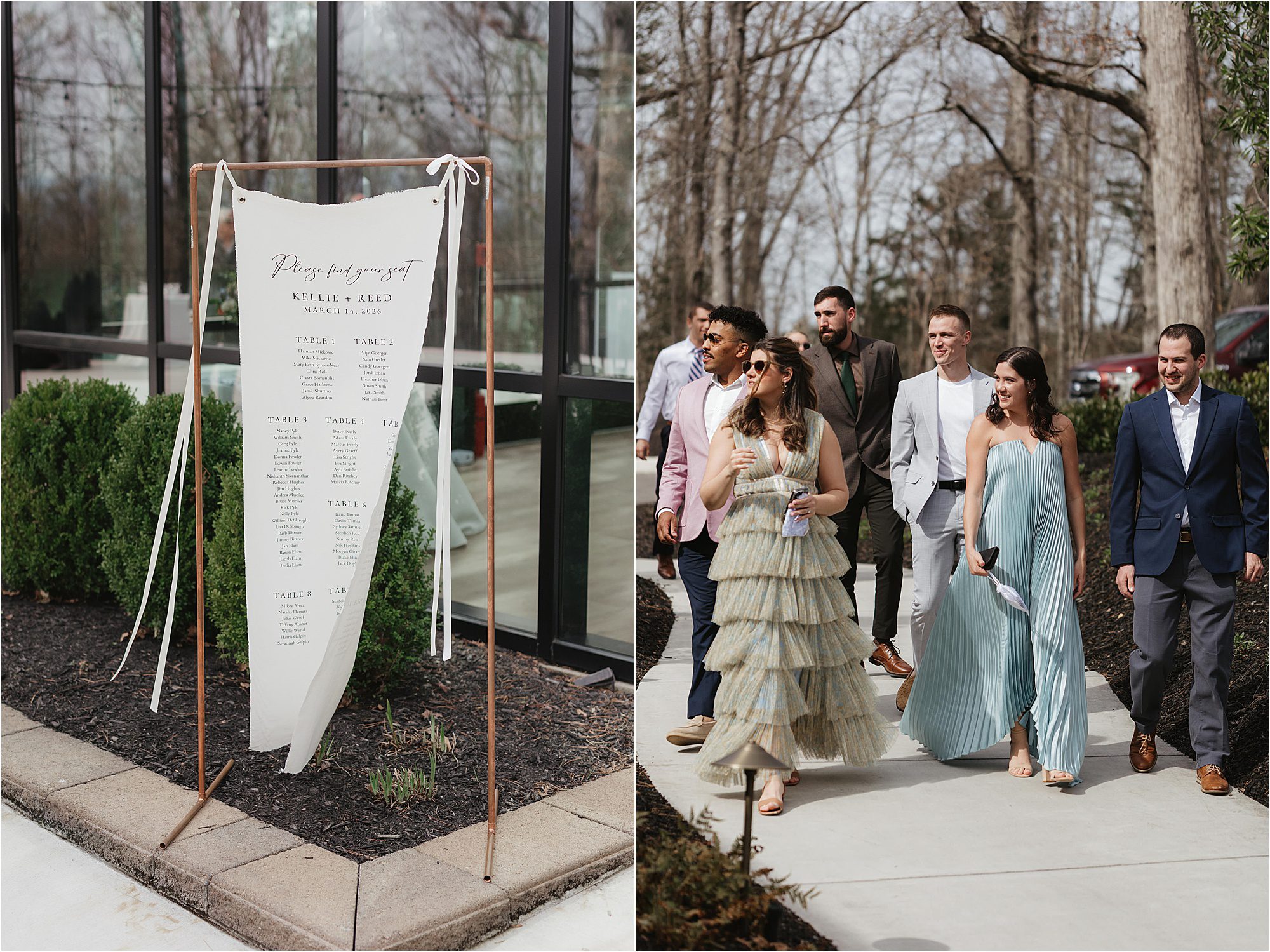 A wedding seating chart on a stand is displayed outdoors; beside it, six well-dressed guests walk together—three men in suits and three women in pastel dresses—chatting animatedly as they search for their seats, offering a glimpse of Wedding Ideas That Keep Guests Engaged. In the background, leafy trees and a modern glass building lend an airy sophistication to the scene.