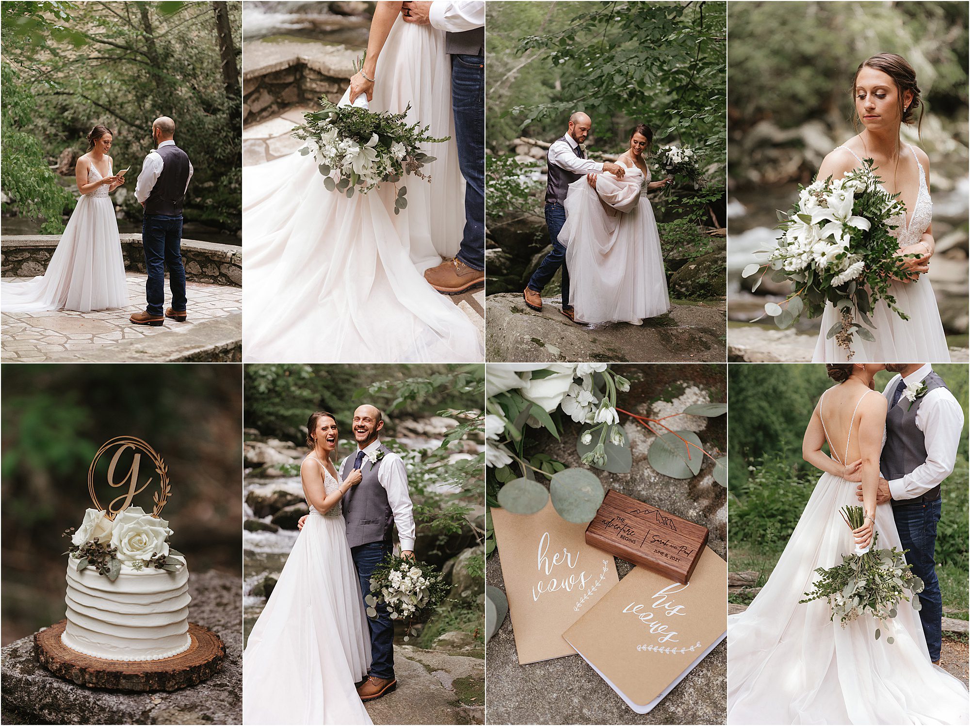 A collage of wedding photos featuring a bride and groom outdoors at Spence Cabin, a bouquet, wedding cake, vows booklets, and intimate moments by a river, all captured in a natural, rustic setting.