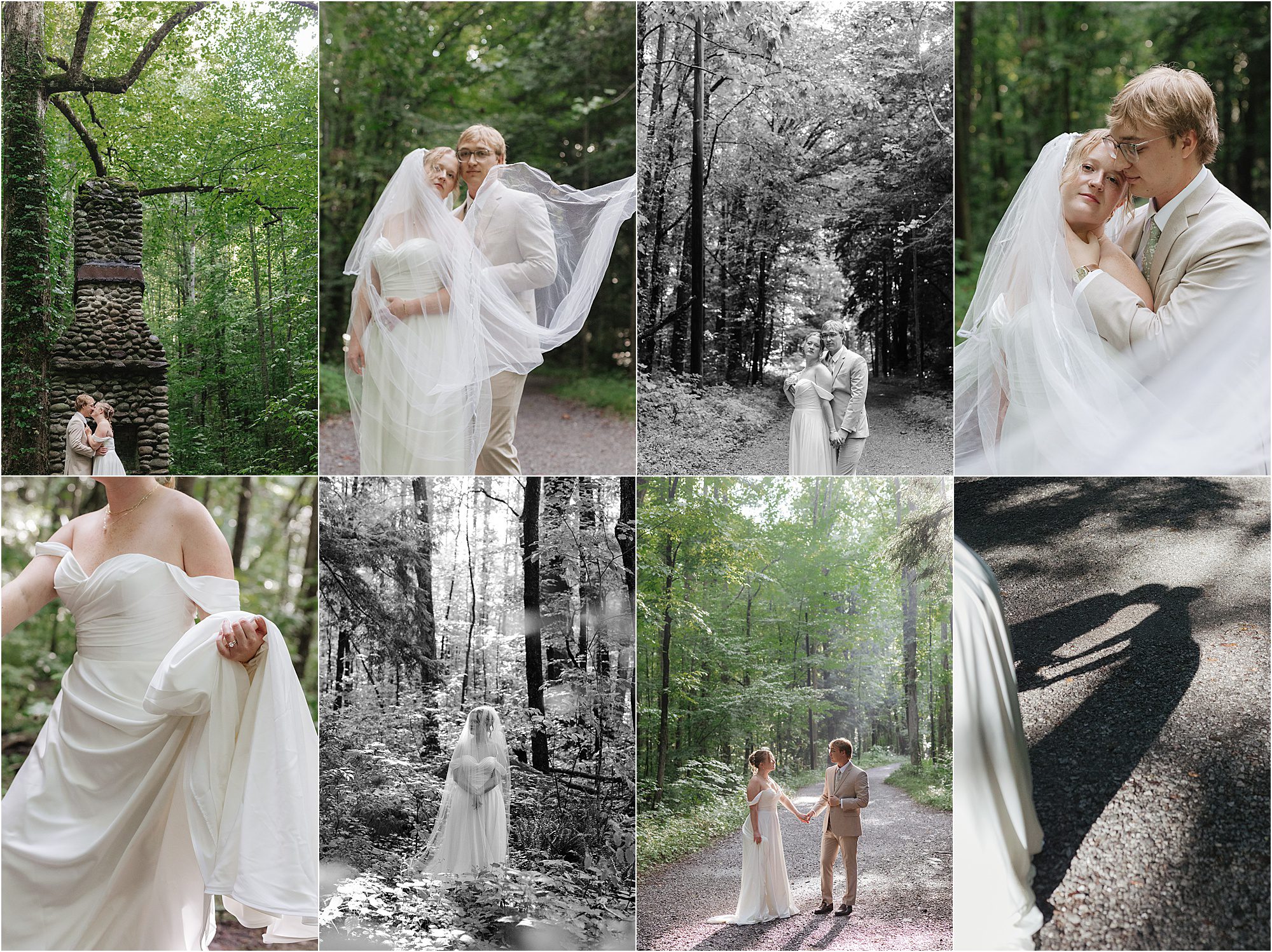 A bride and groom pose together in a lush forest near Spence Cabin. Some photos are in black and white. The bride wears an off-shoulder gown with a veil, and the groom wears a beige suit. One image shows their shadows on the ground.