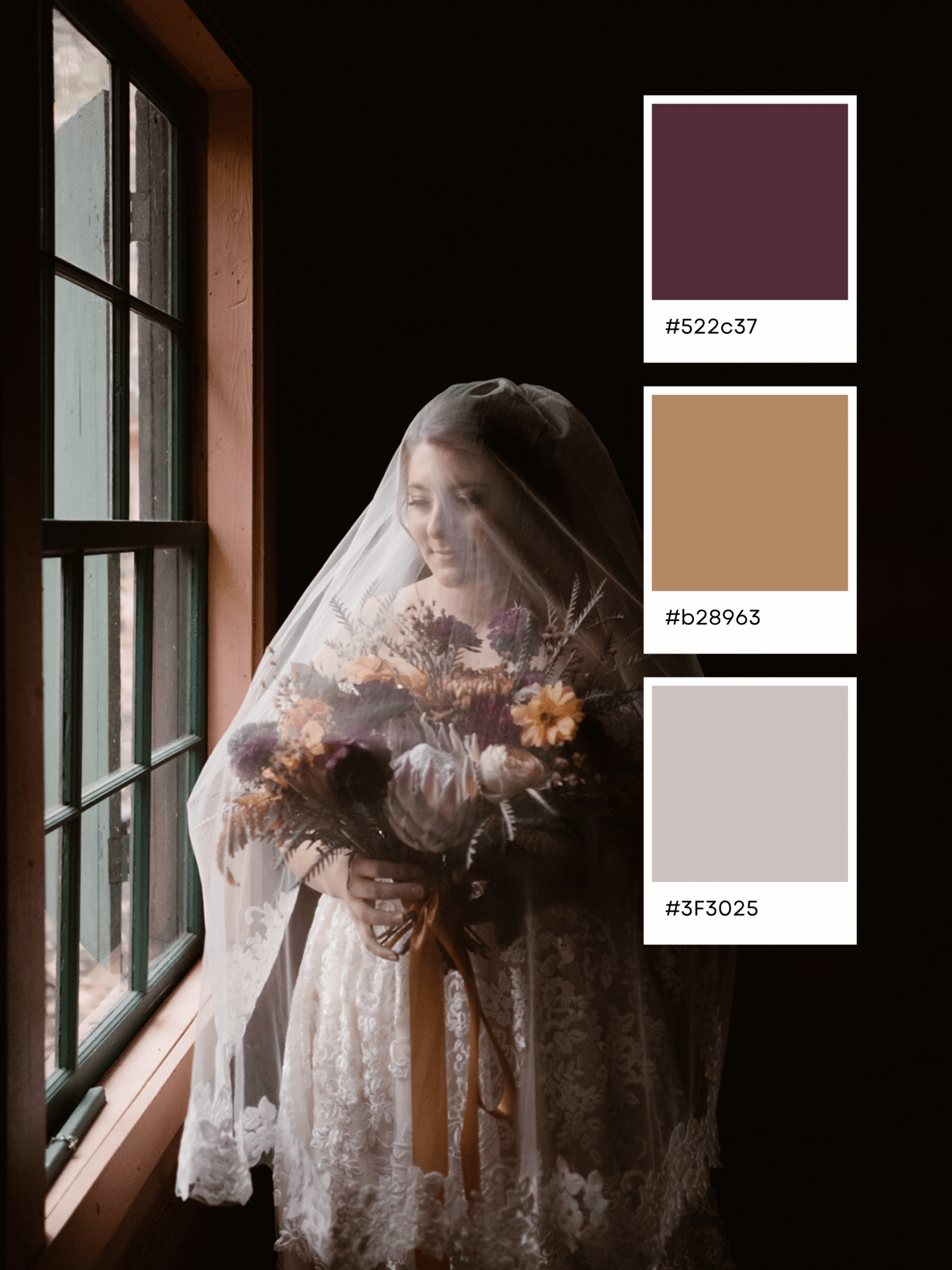 A bride in a lace dress and veil stands by a window holding a bouquet, perfectly capturing elegant wedding color combinations. Three color swatches are shown: deep plum (#522c37), tan (#b28963), and light gray (#3f3025).