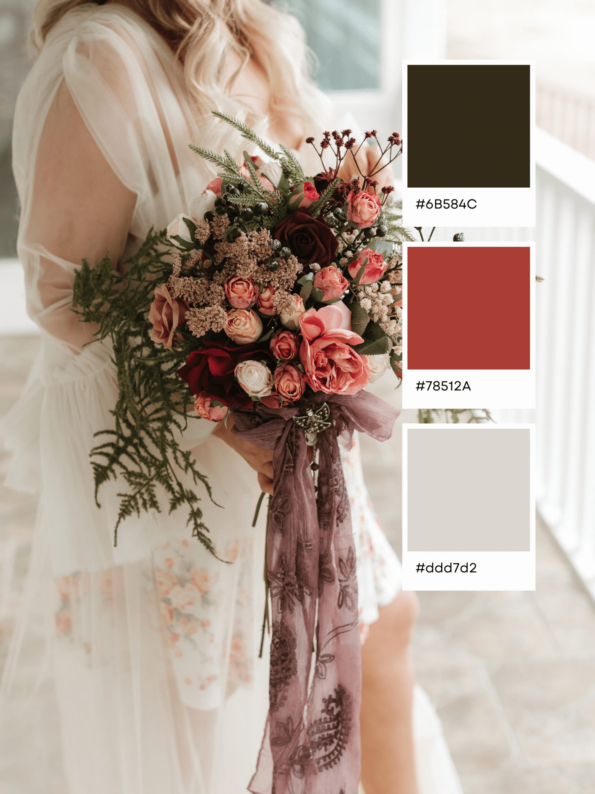 A bride in a sheer, floral dress holds a bouquet of pink, red, and peach flowers with greenery—an exquisite example of wedding color combinations. Three color swatches appear: deep olive (#6B584C), mauve (#78512A), and pale beige (#ddd7d2).