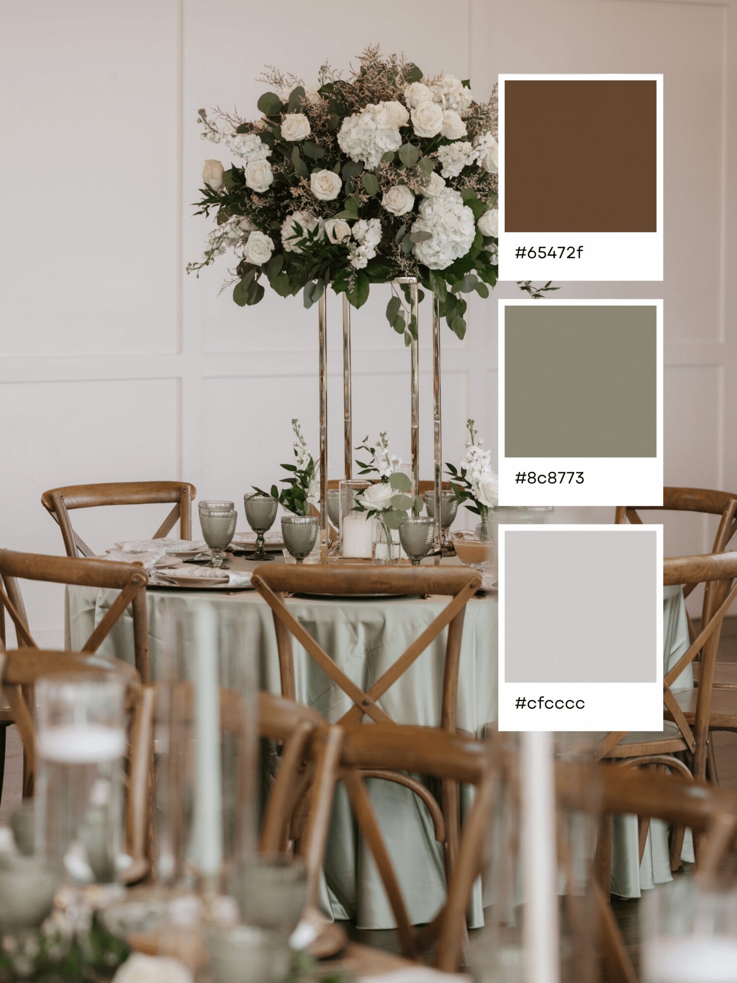 Elegant wedding table with wooden chairs, green tablecloth, and a tall floral centerpiece of white roses and greenery—an inspiring example of sophisticated wedding color combinations. Three color swatches: brown (#65472f), sage green (#8c8773), and light gray (#cfcccc).