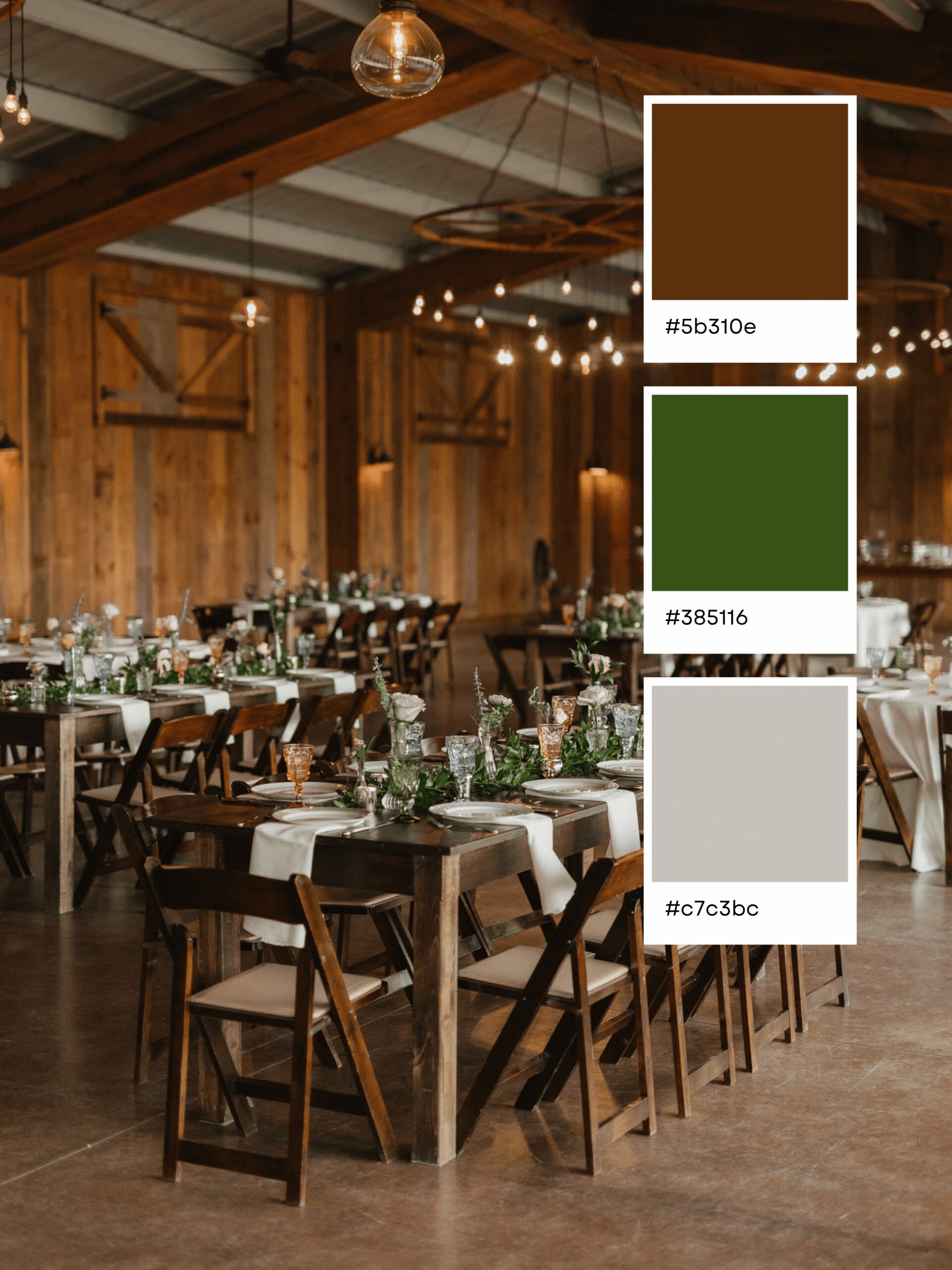 A rustic wedding reception with wooden tables and chairs, greenery centerpieces, and string lights showcases perfect wedding color combinations. Three color swatches: dark brown (#5b310e), dark green (#385116), and light gray (#c7c3bc).
