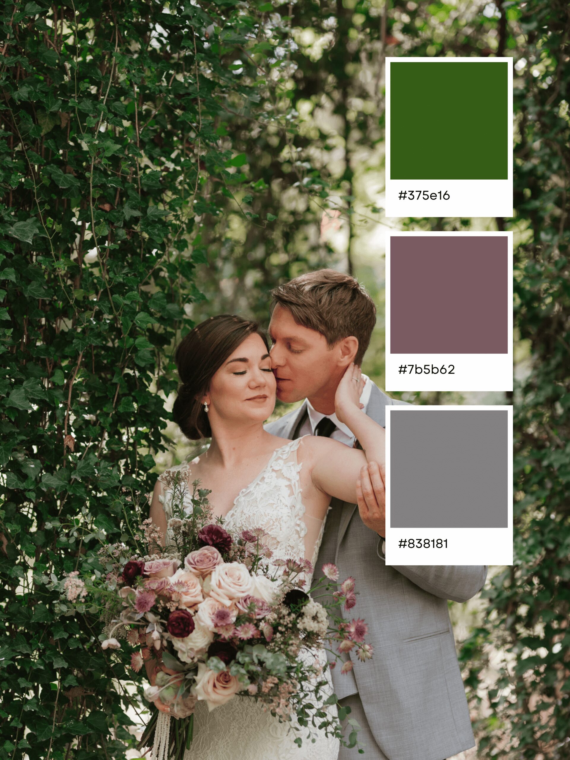 A bride and groom embrace outdoors, surrounded by greenery. The bride holds a bouquet of pink and purple flowers, reflecting elegant wedding color combinations. Three color swatches—dark green, mauve, and gray—are shown on the right with their hex codes.