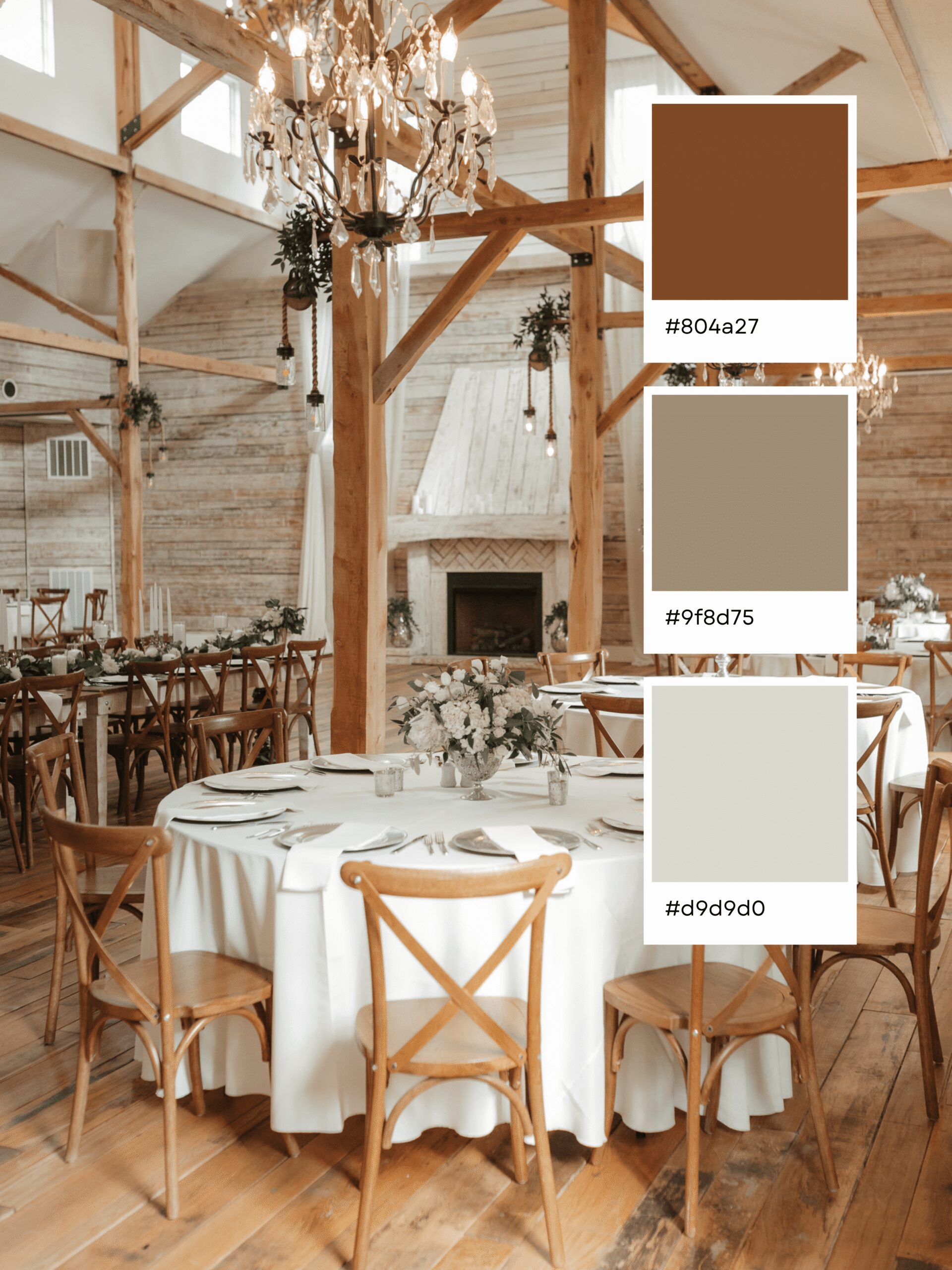 A rustic wedding venue featuring charming wooden beams, round tables with white linens, wooden chairs, and elegant floral centerpieces. The space is beautifully accented by three inviting wedding color combinations: brown (#804a27), taupe (#9f8d75), and light gray (#d9d9d0).