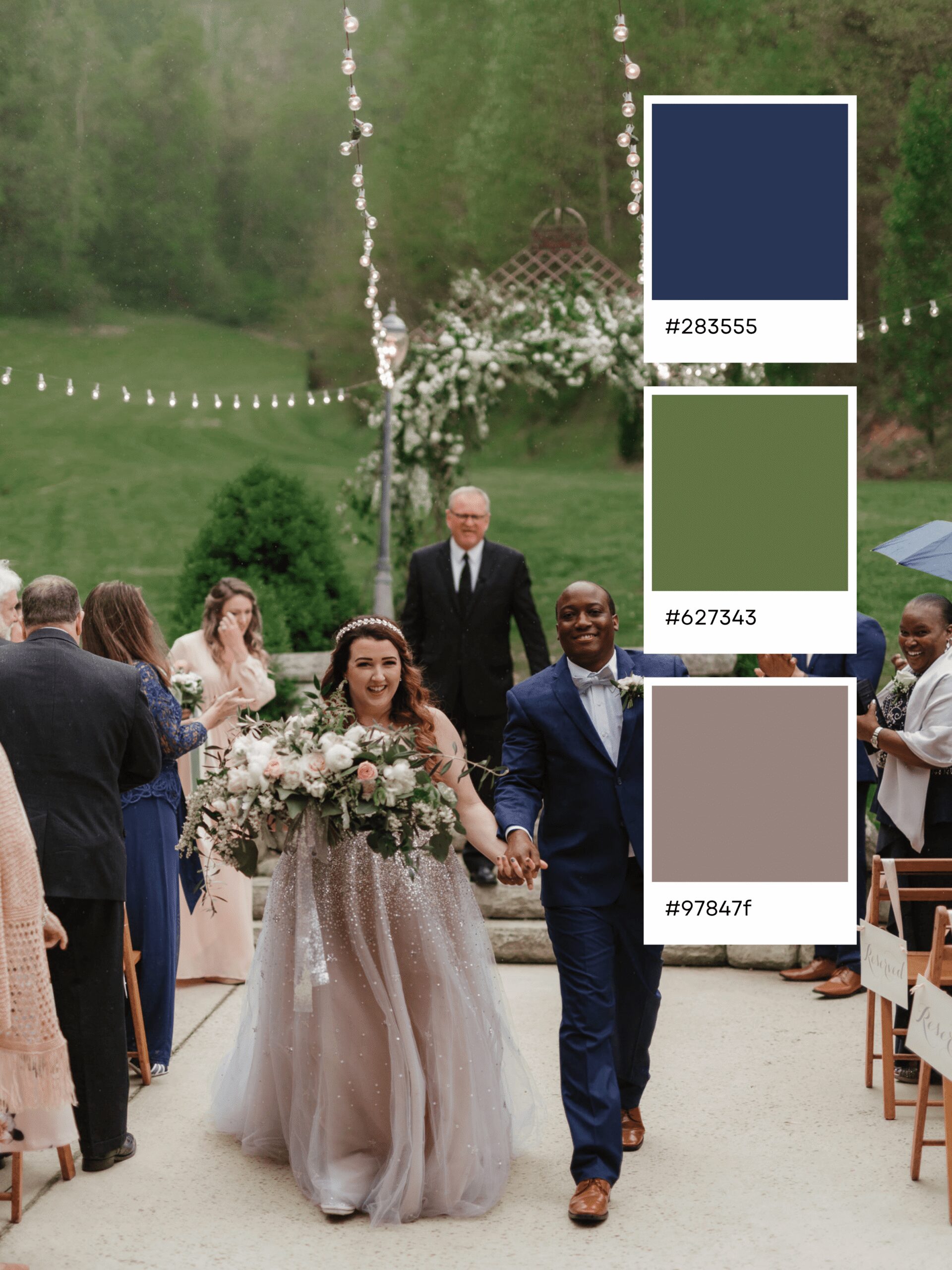 A bride and groom smile while walking down the aisle outdoors, surrounded by guests. Three color swatches (#283555 navy, #627343 green, #97847f mauve) are displayed on the right, showcasing elegant wedding color combinations to inspire your special day.