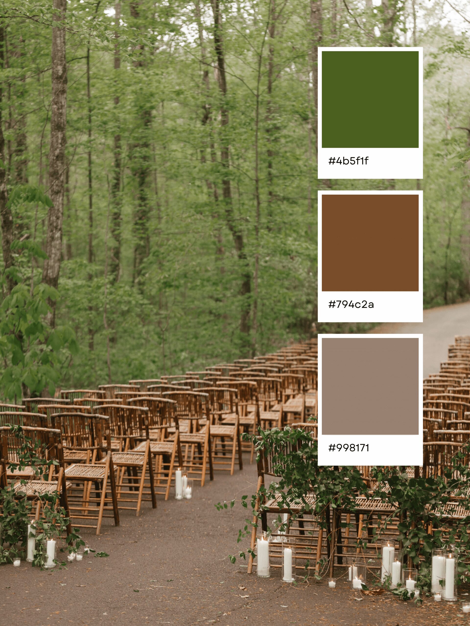 Outdoor wedding setup in a forest with wooden chairs and candles lining the aisle. This enchanting scene perfectly showcases inspiring wedding color combinations, highlighted by three overlay swatches: olive green (#4b5f1f), brown (#794c2a), and taupe (#998171).