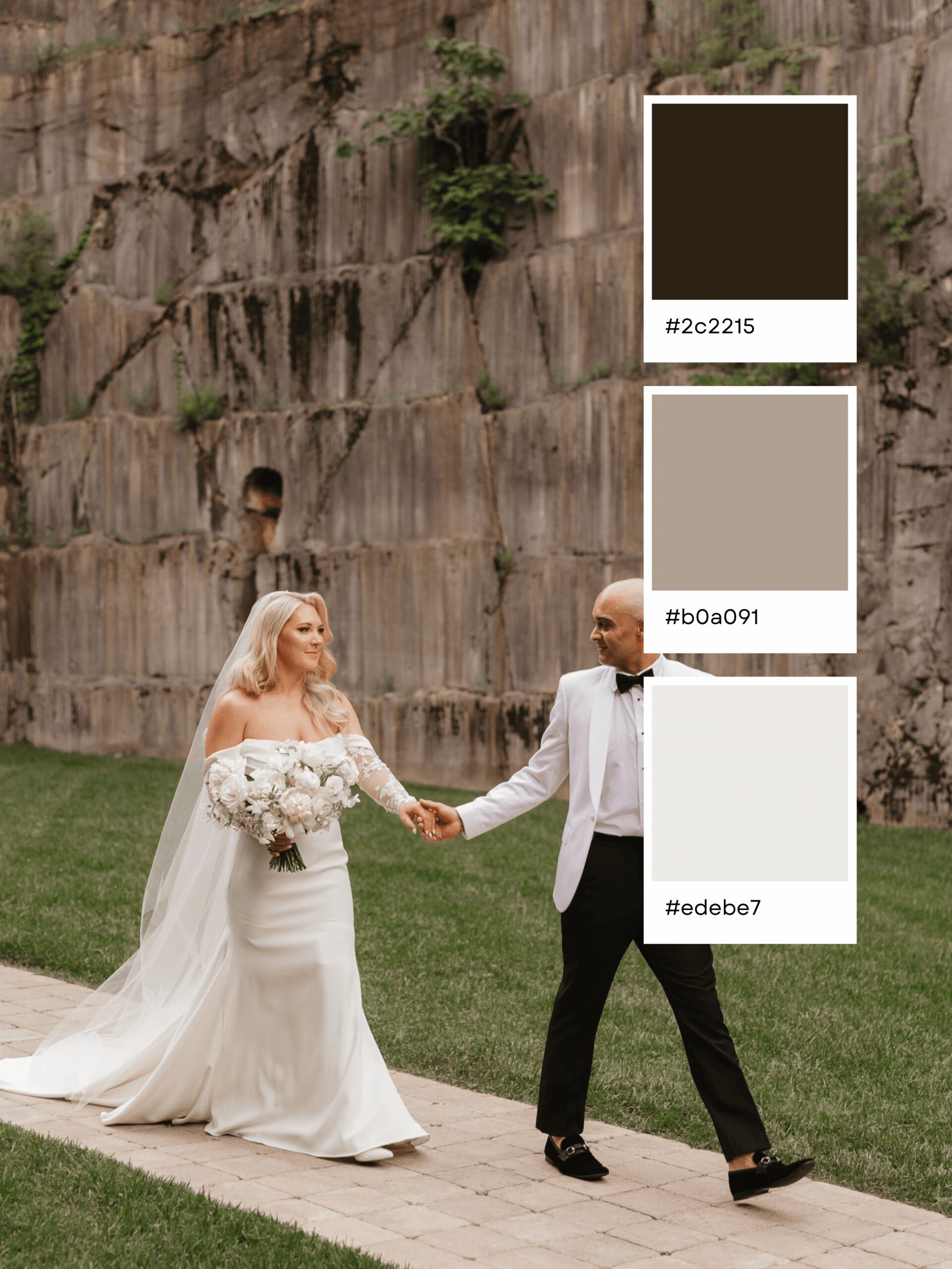 A bride in a white dress and groom in a white jacket walk hand in hand outdoors by a stone wall, perfectly showcasing timeless wedding color combinations. Three color swatches—dark brown, beige, and light gray—appear on the right side.