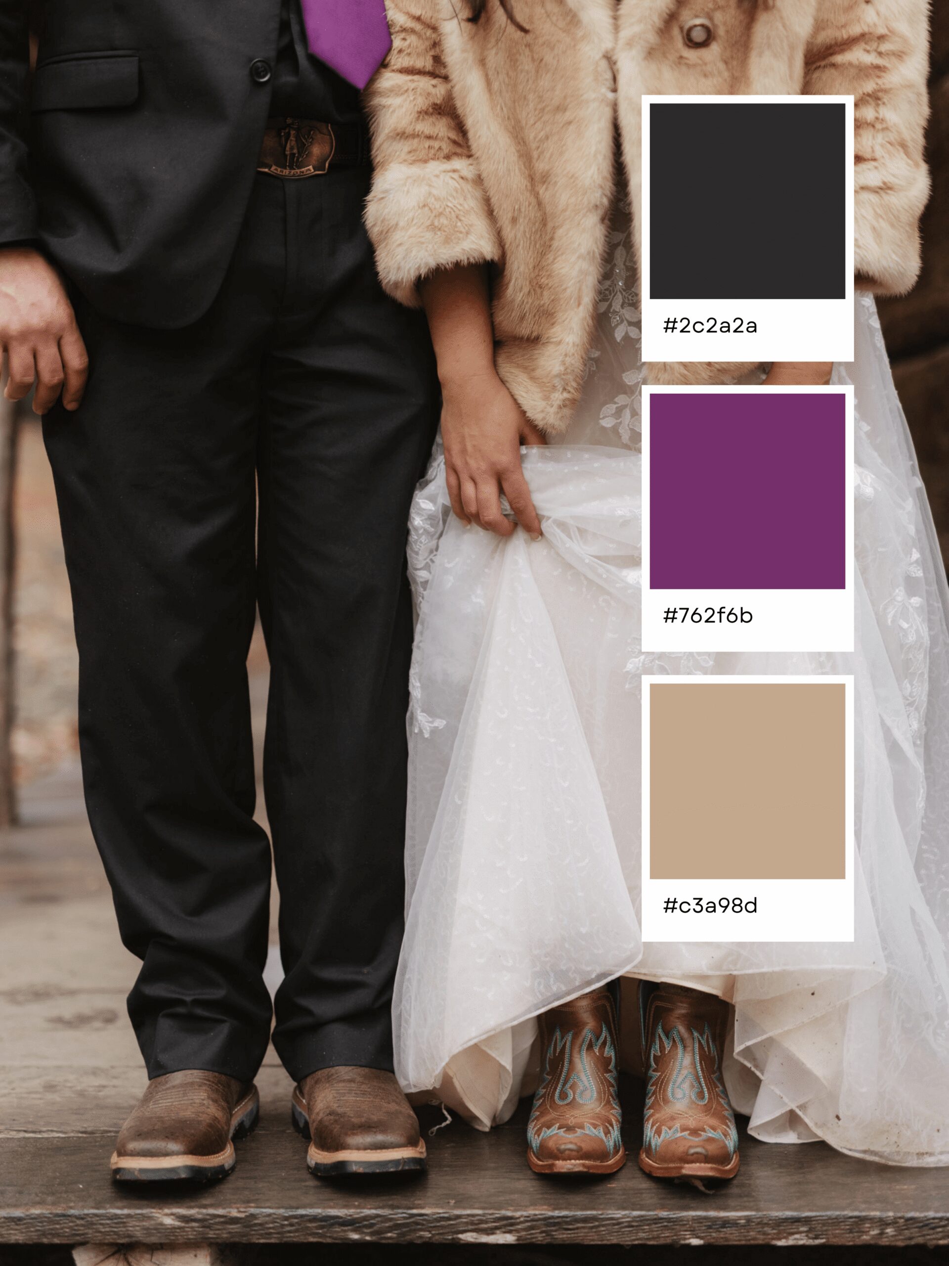 A couple stands side by side; the person on the left wears a black suit and boots, and the person on the right wears a fur coat, white dress, and cowboy boots. Three color swatches appear on the right, offering inspiration for unique wedding color combinations.