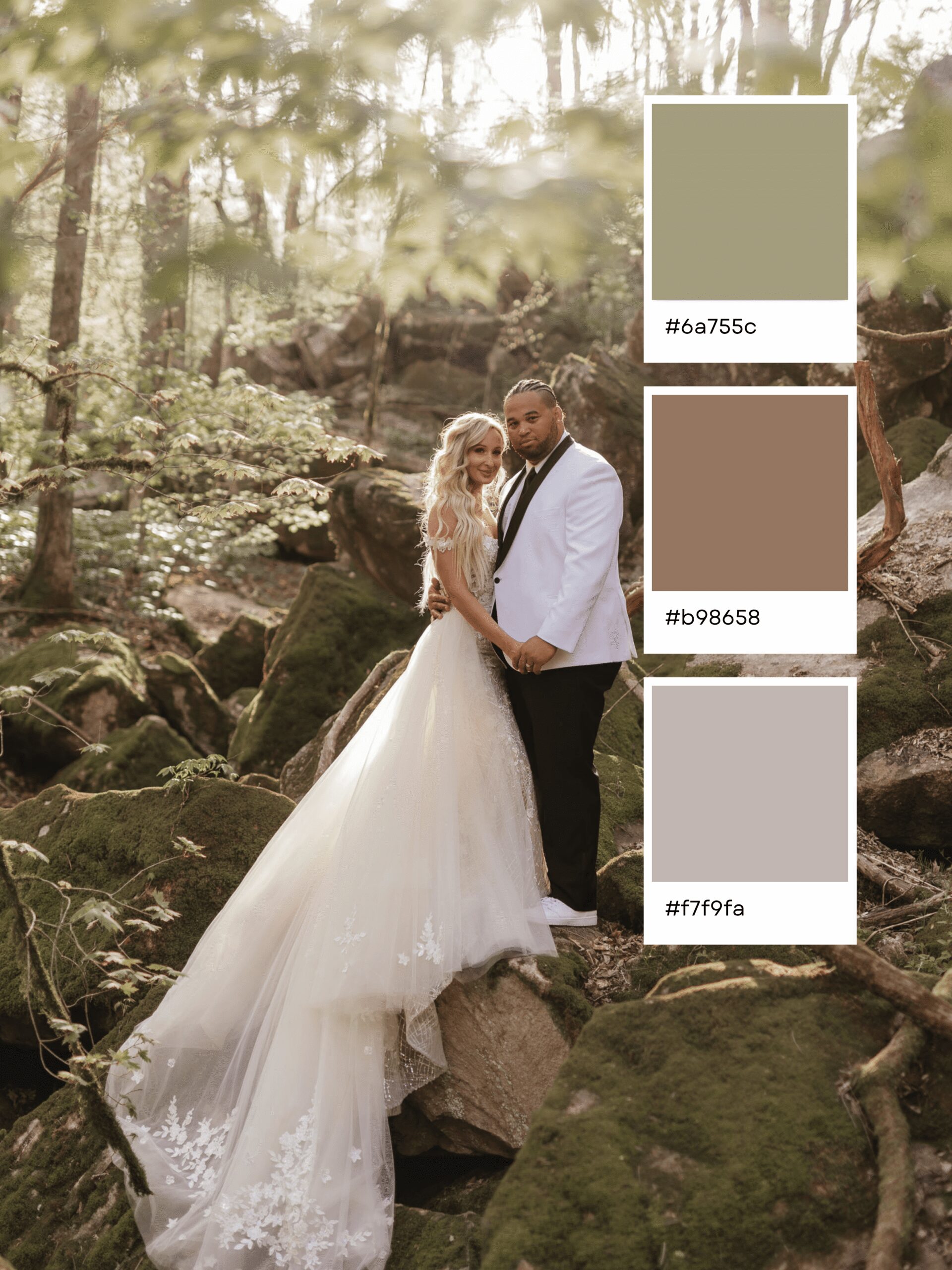 A bride and groom stand on mossy rocks in a forest, perfectly embodying elegant wedding color combinations. The bride wears a flowing white dress, and the groom wears a white tuxedo jacket. Three color swatches are shown on the right: olive, taupe, and light beige.