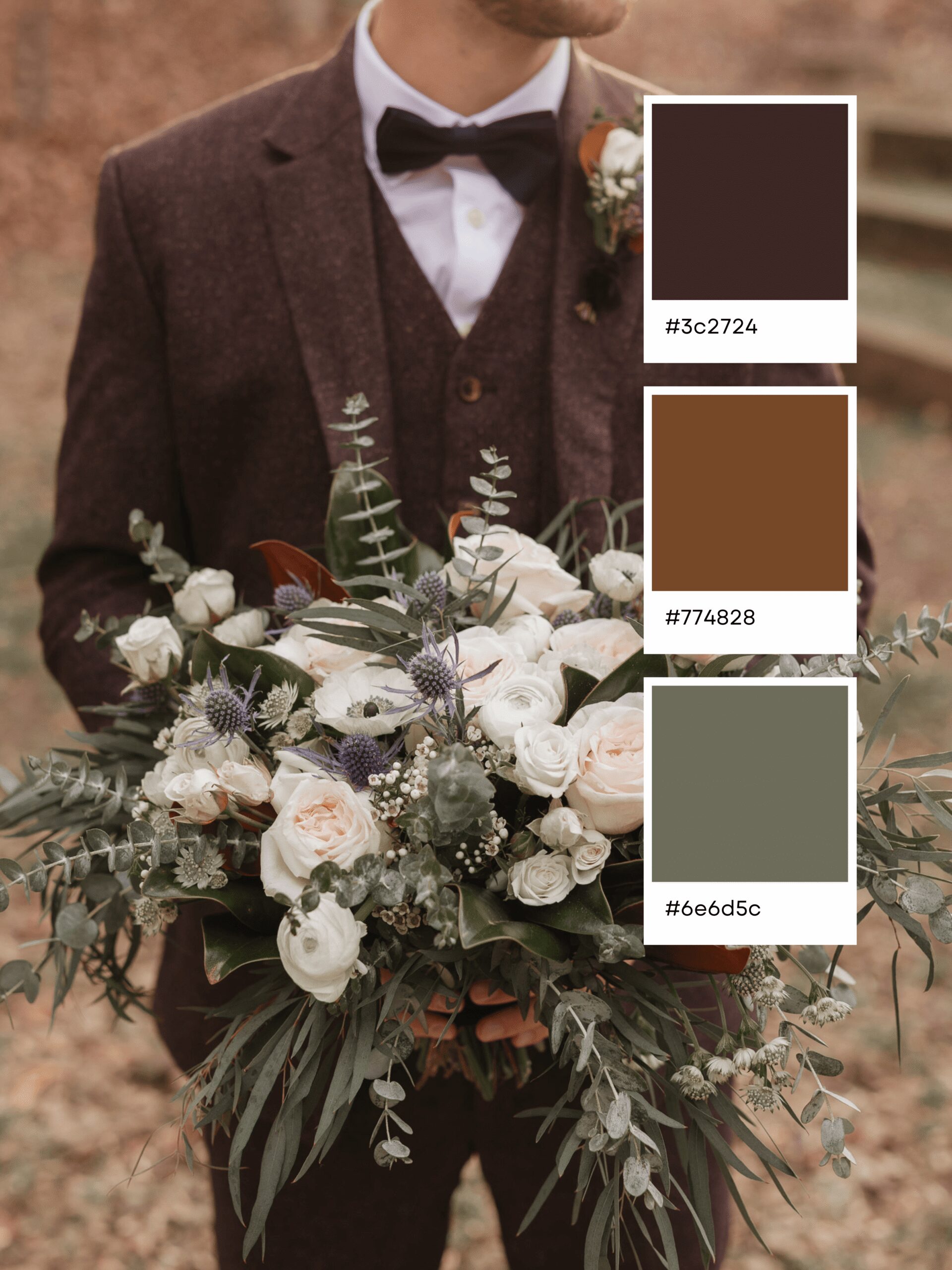 A man in a brown suit holds a bouquet of white and green flowers, showcasing elegant wedding color combinations. Three color swatches with hex codes #3c2724, #774828, and #6e6d5c are displayed beside the bouquet.